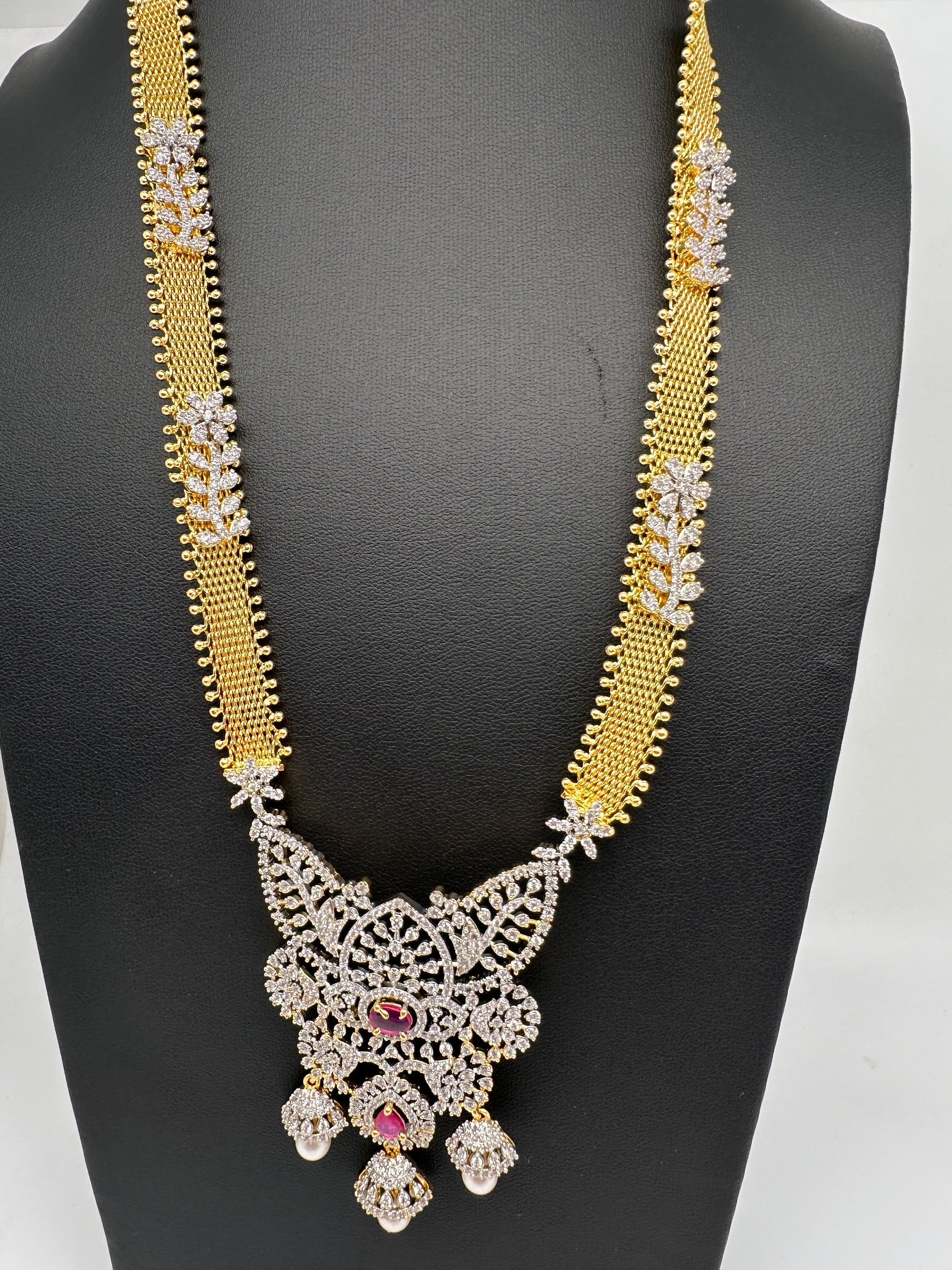 AD Golden Chain Color Stone Long Necklace - Red