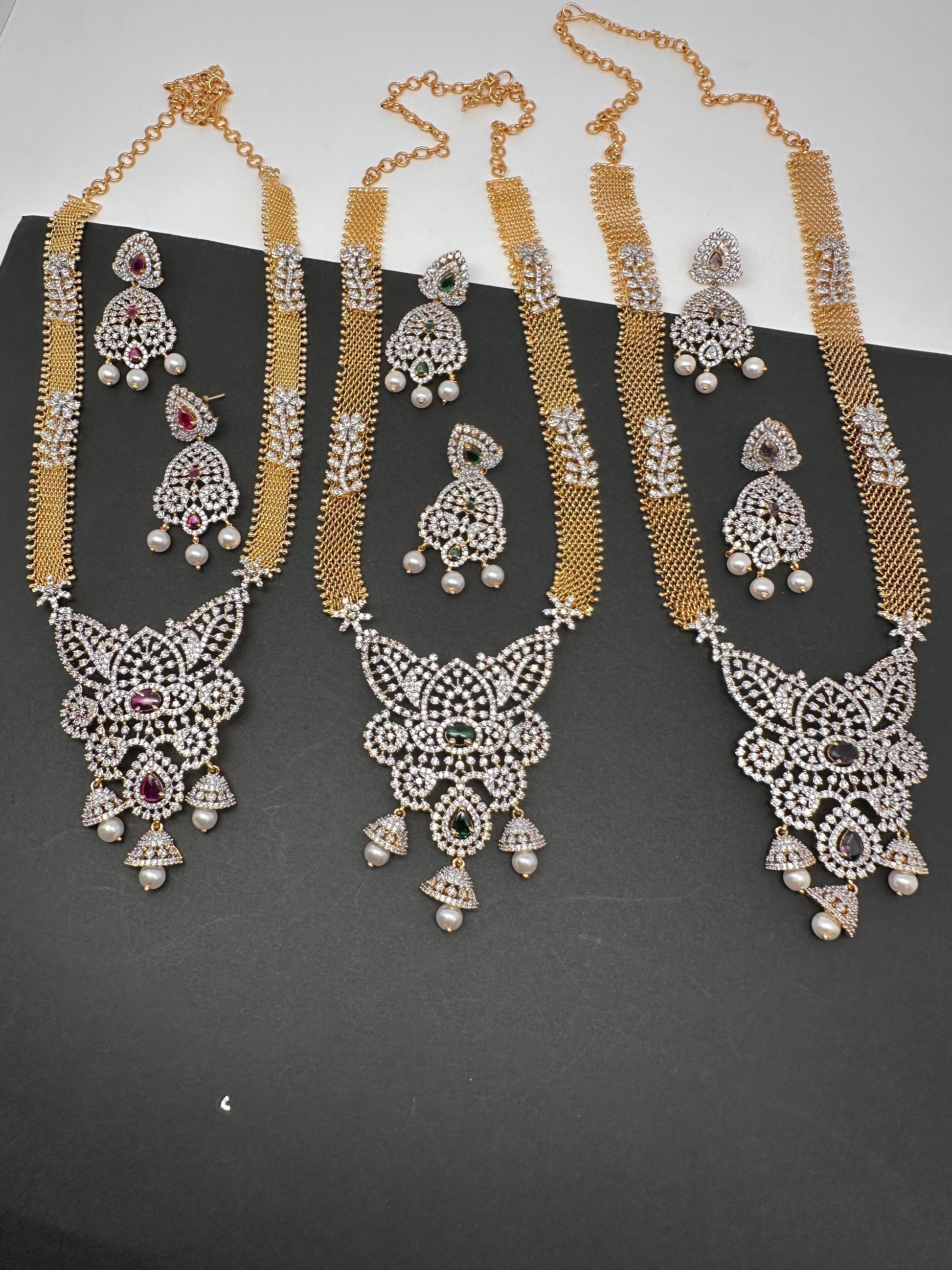AD Golden Chain Color Stone Long Necklace - Red