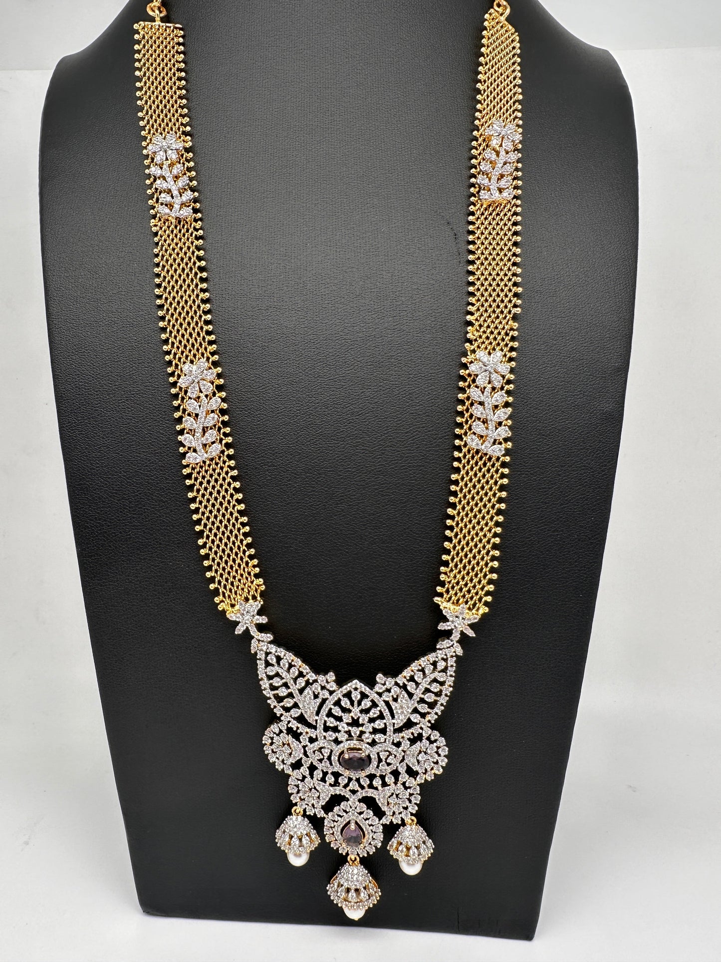 AD Golden Chain Color Stone Long Necklace - Purple