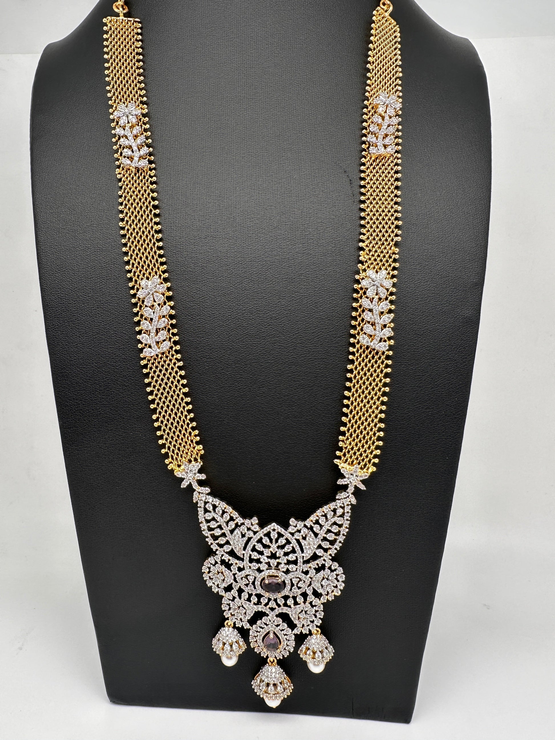 AD Golden Chain Color Stone Long Necklace - Purple