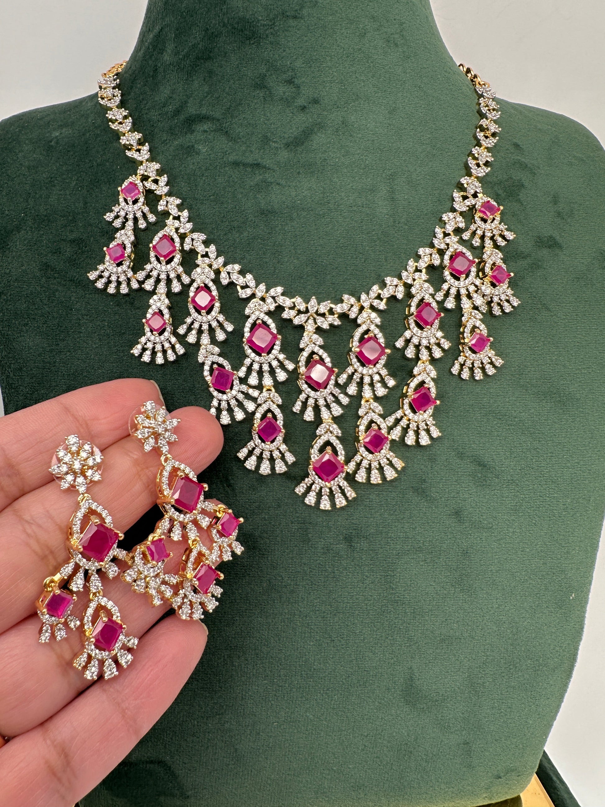 CZ Neckline Color Stone Short Necklace - Red