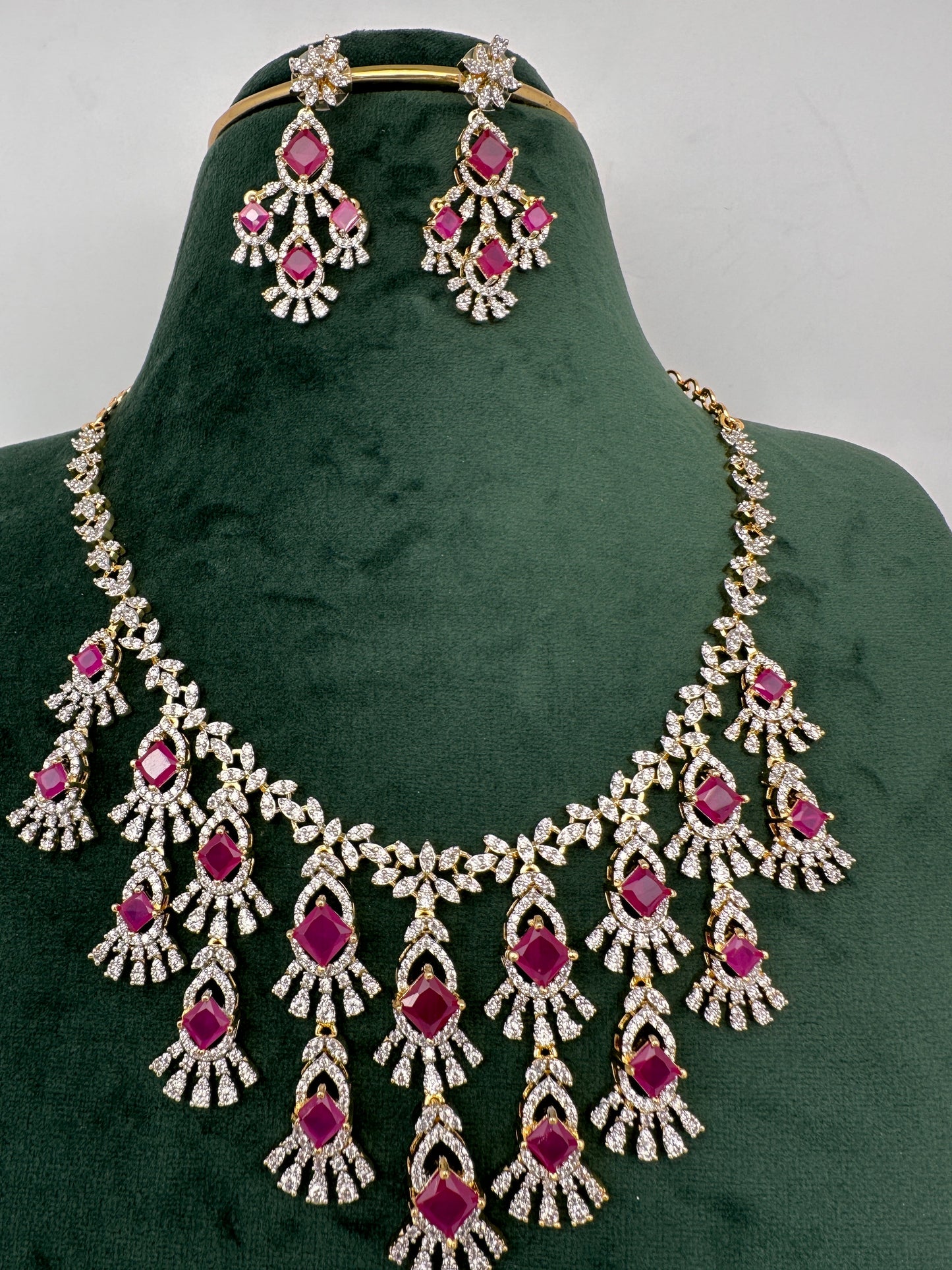 CZ Neckline Color Stone Short Necklace - Red