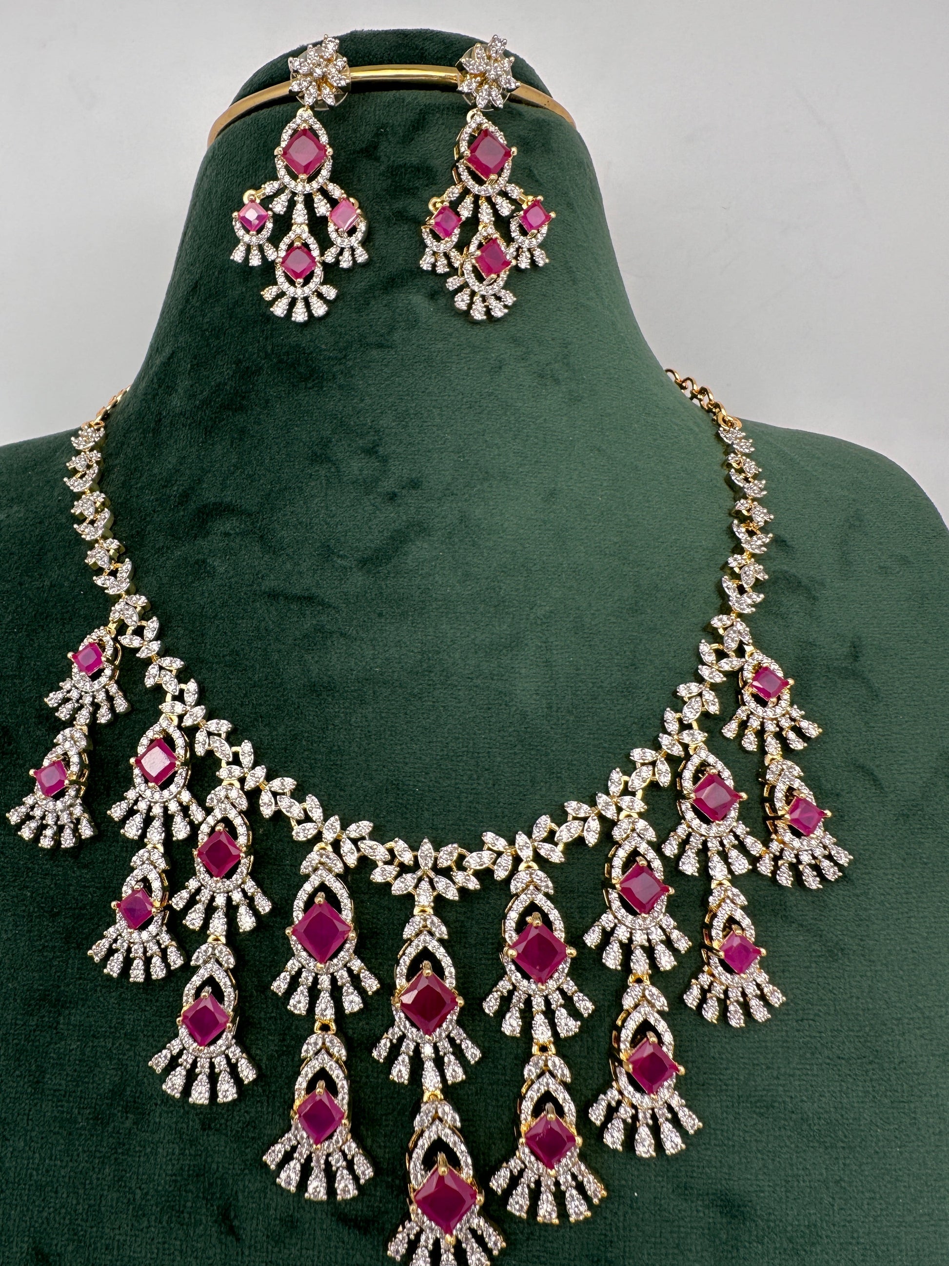 CZ Neckline Color Stone Short Necklace - Red