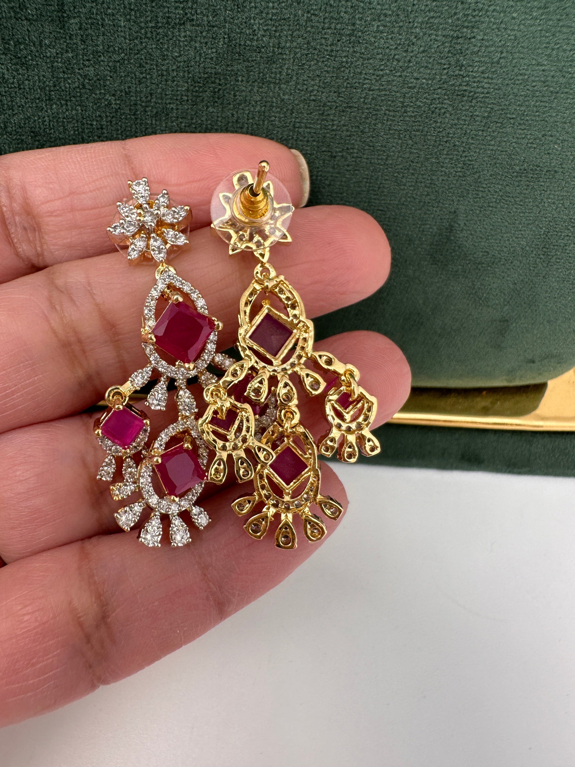 CZ Neckline Color Stone Short Necklace - Red