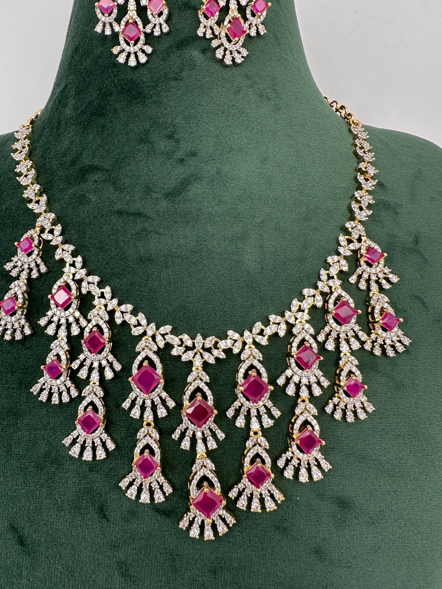 CZ Neckline Color Stone Short Necklace - Red