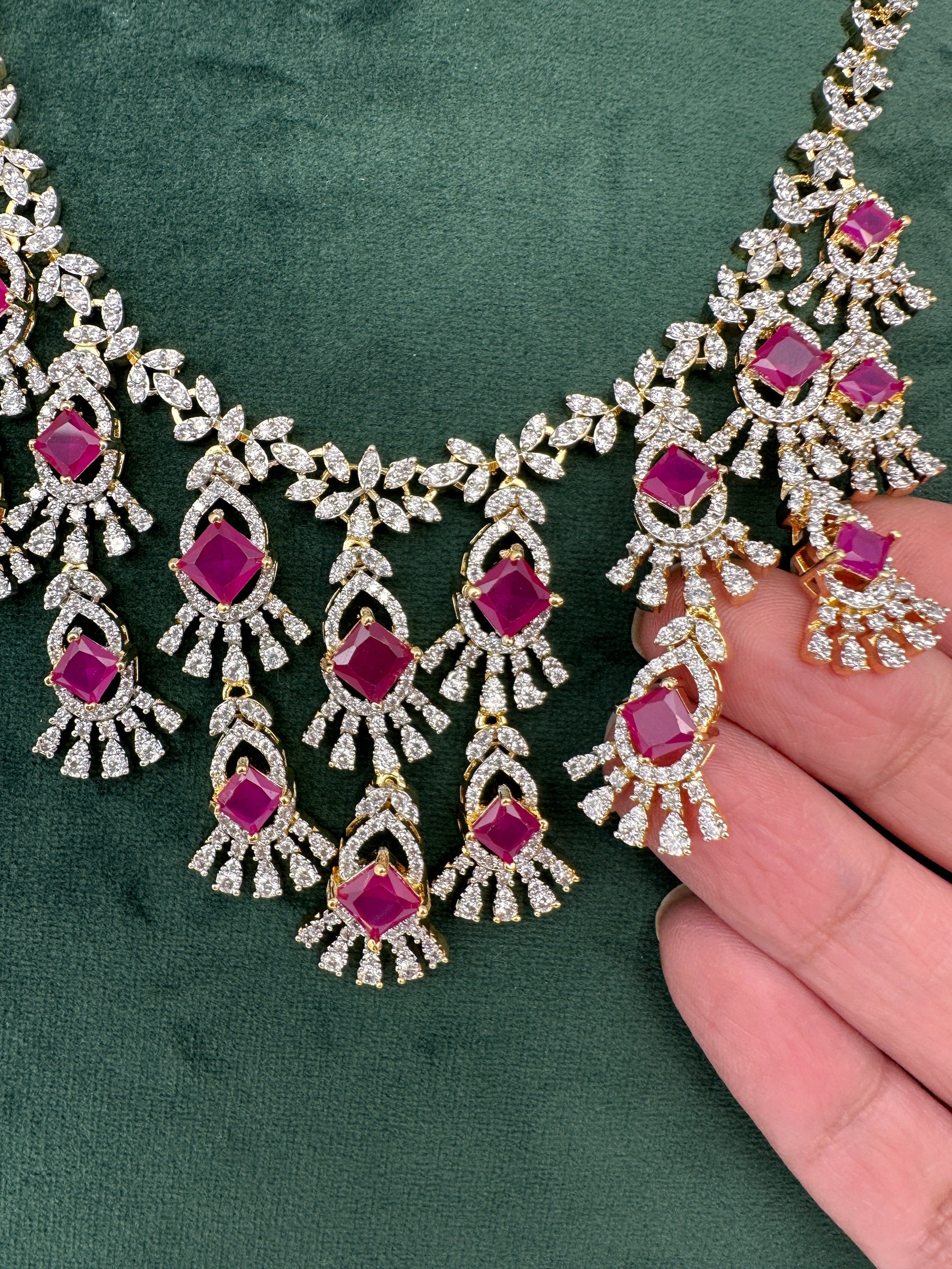 CZ Neckline Color Stone Short Necklace - Red