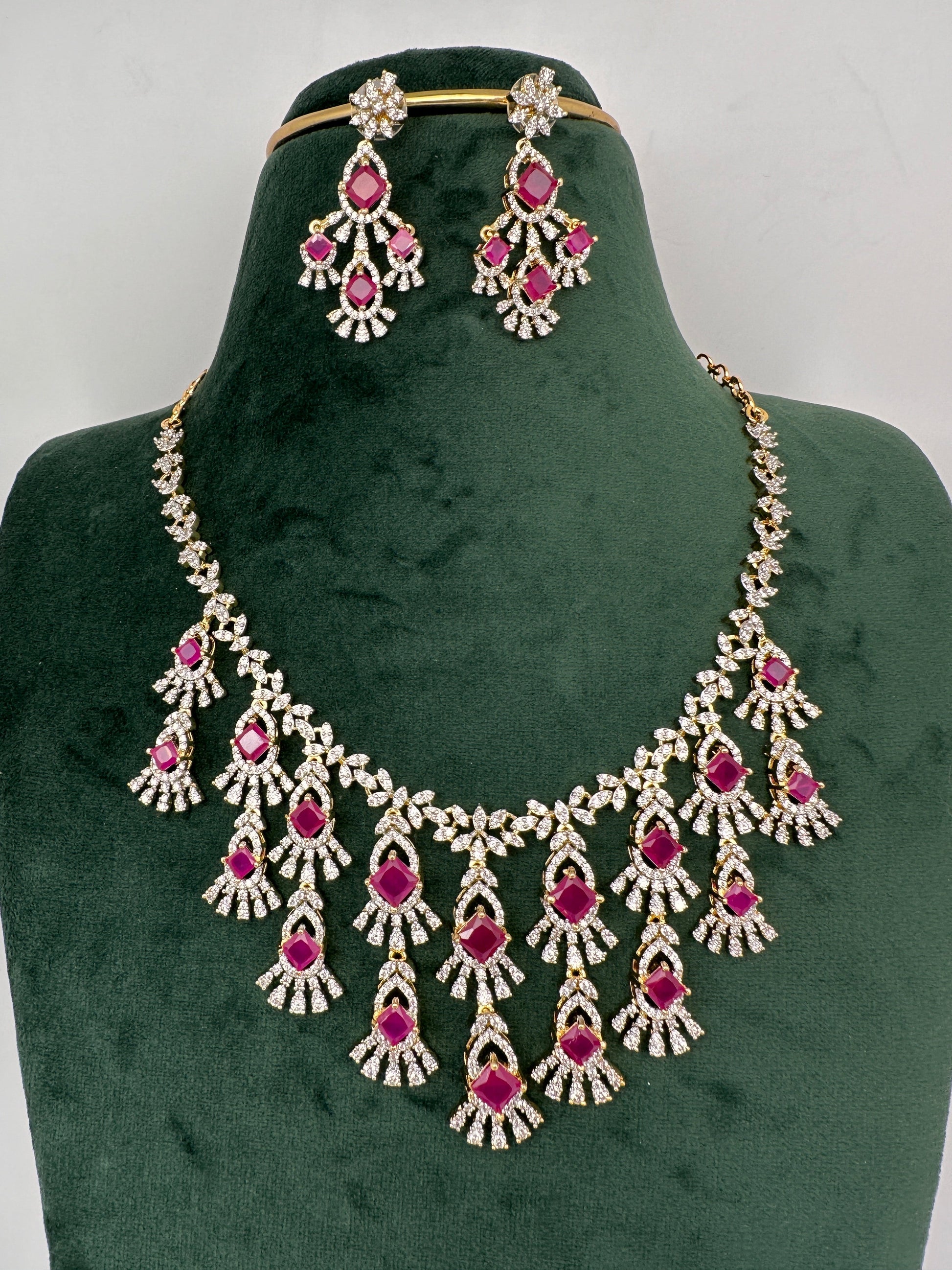 CZ Neckline Color Stone Short Necklace - Red