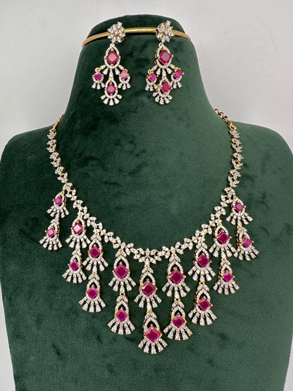 CZ Neckline Color Stone Short Necklace - Red