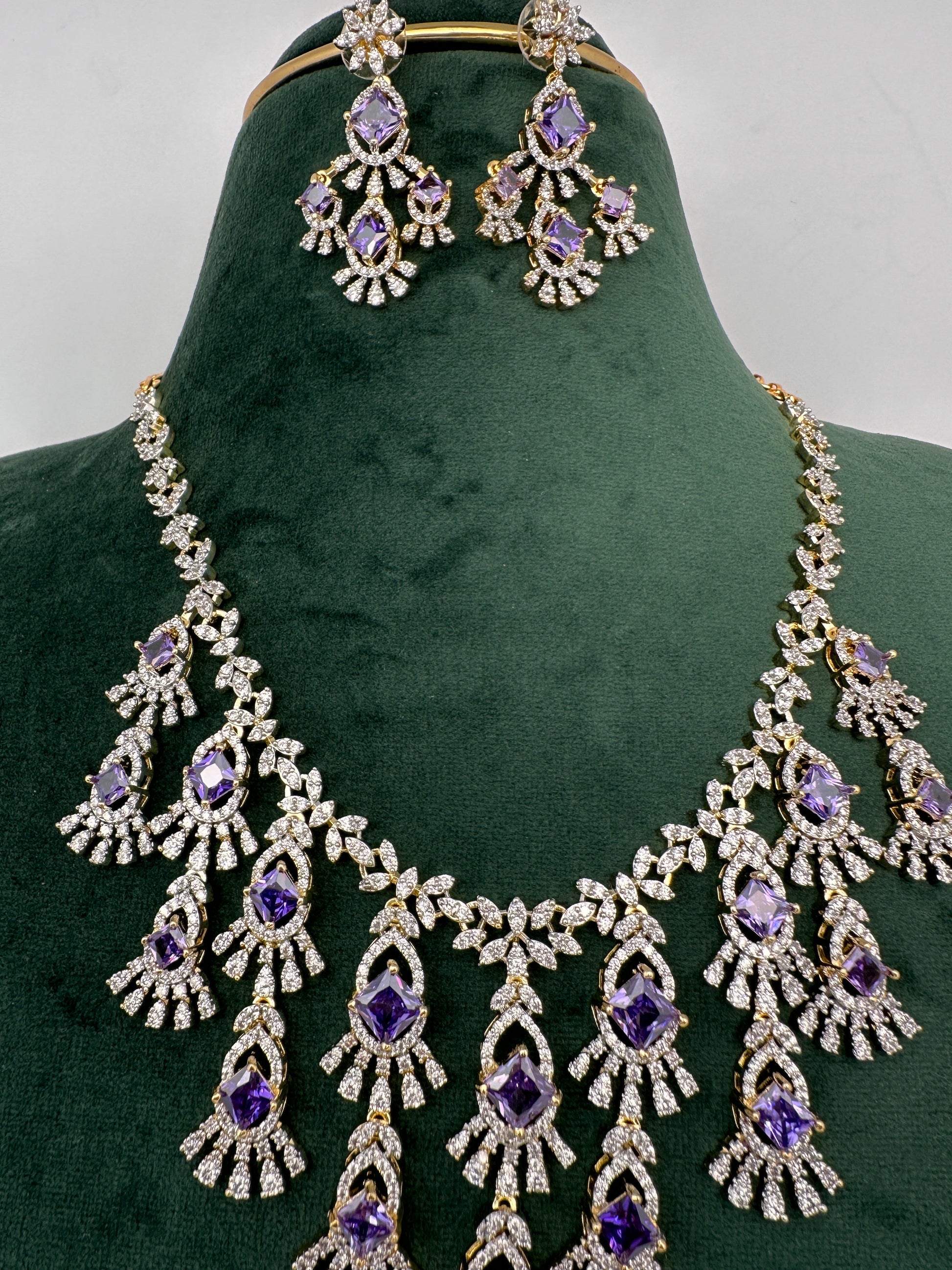 CZ Neckline Color Stone Short Necklace - Purple