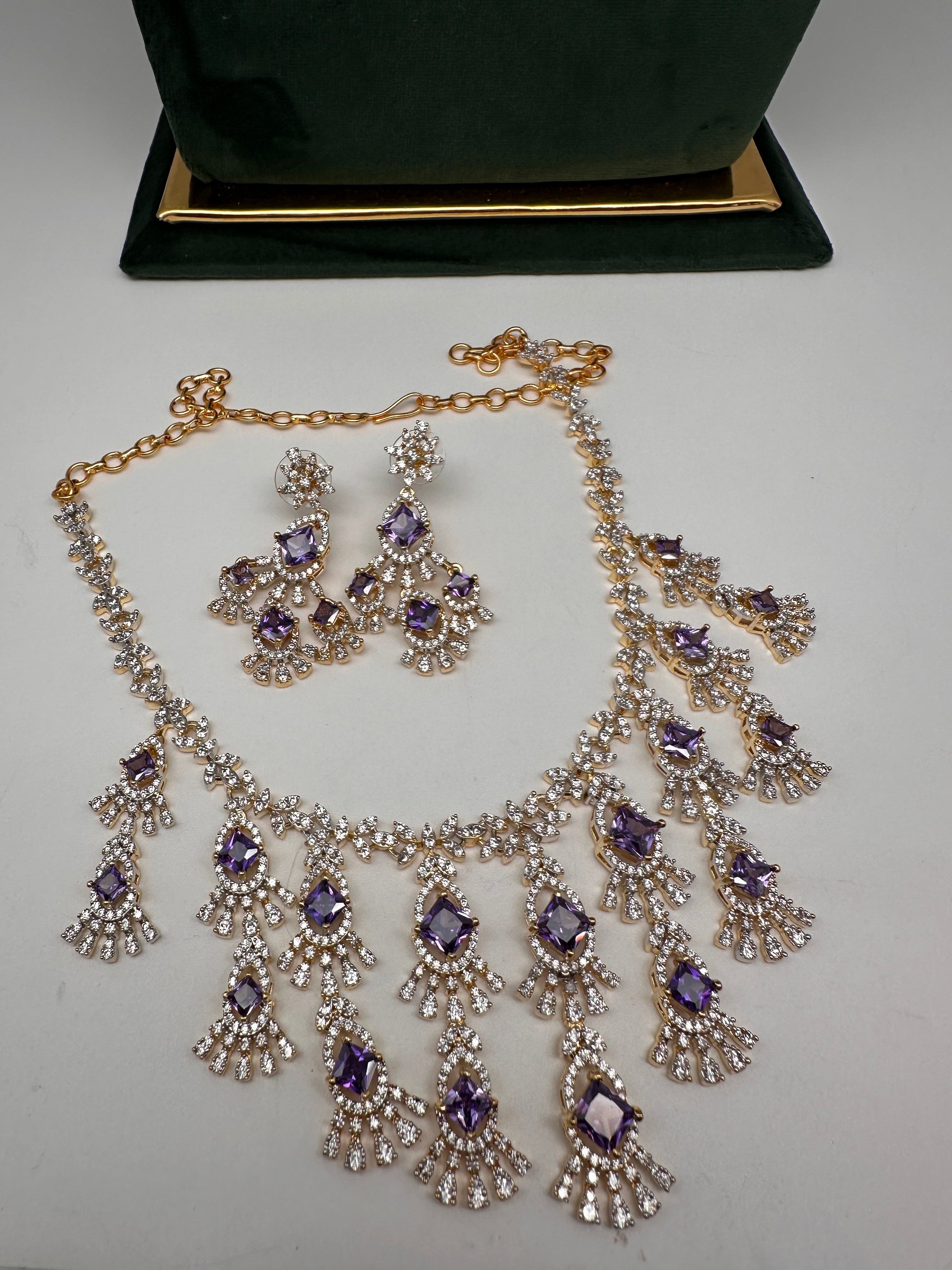 CZ Neckline Color Stone Short Necklace - Purple