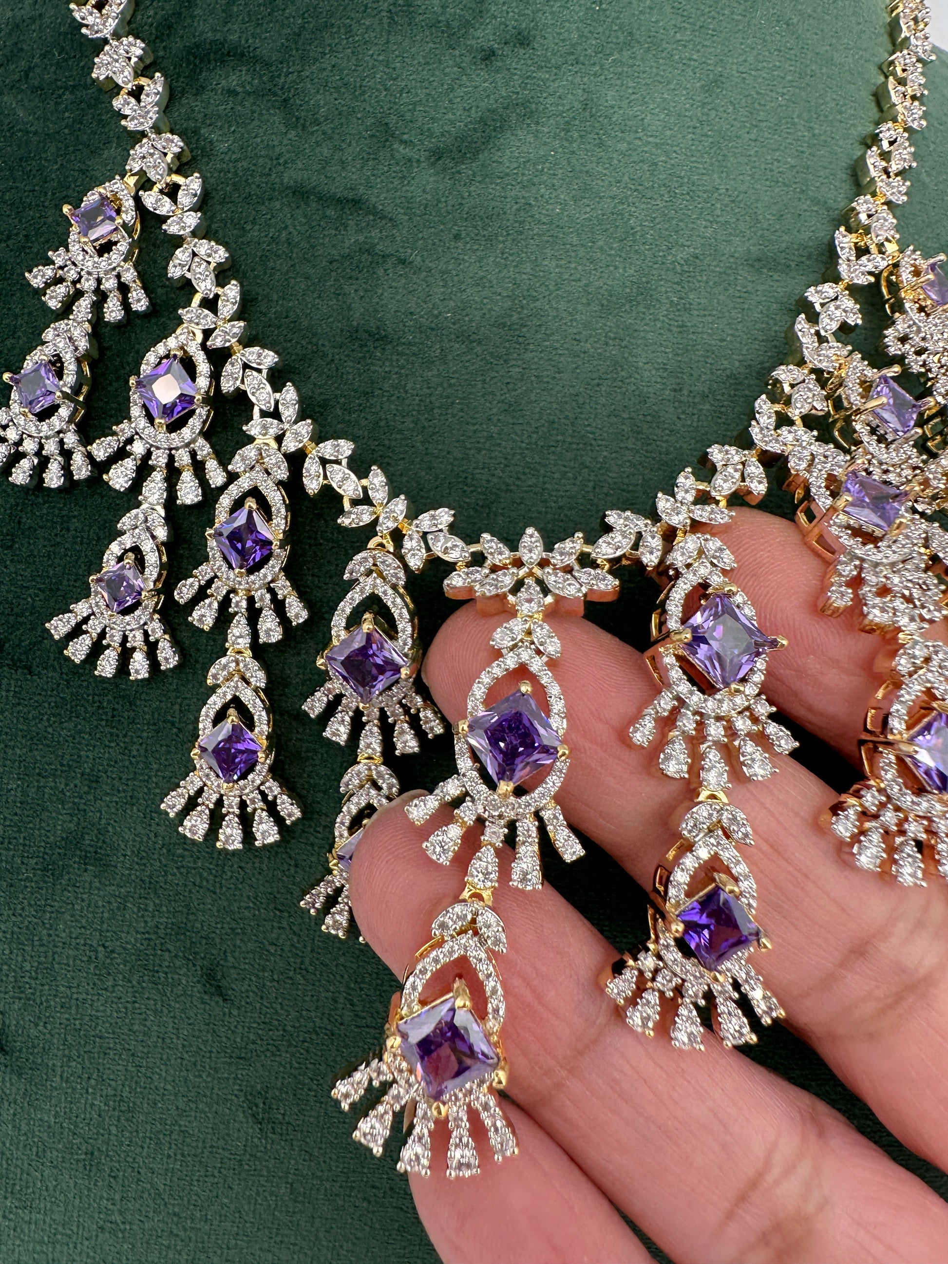 CZ Neckline Color Stone Short Necklace - Purple