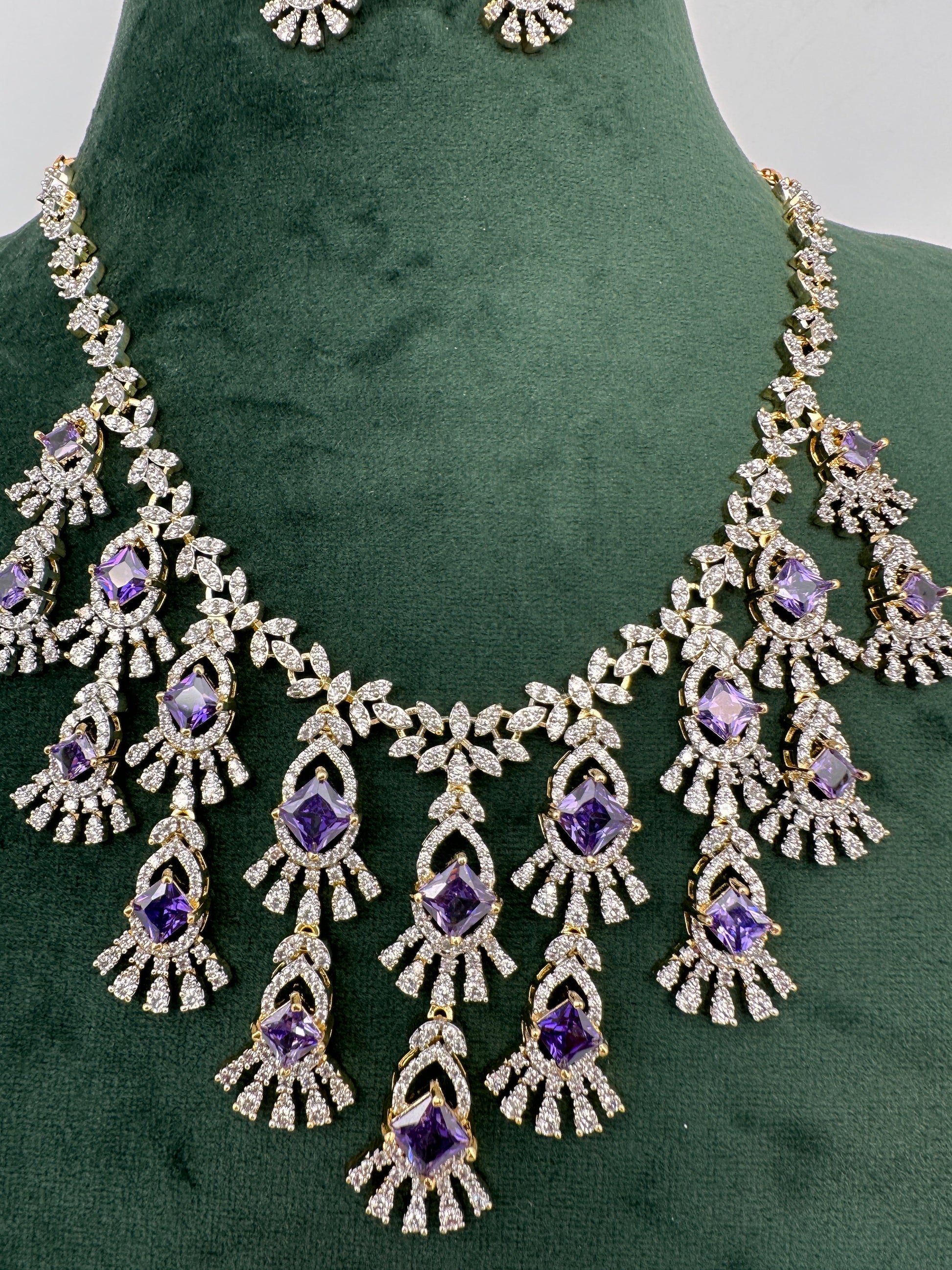 CZ Neckline Color Stone Short Necklace - Purple