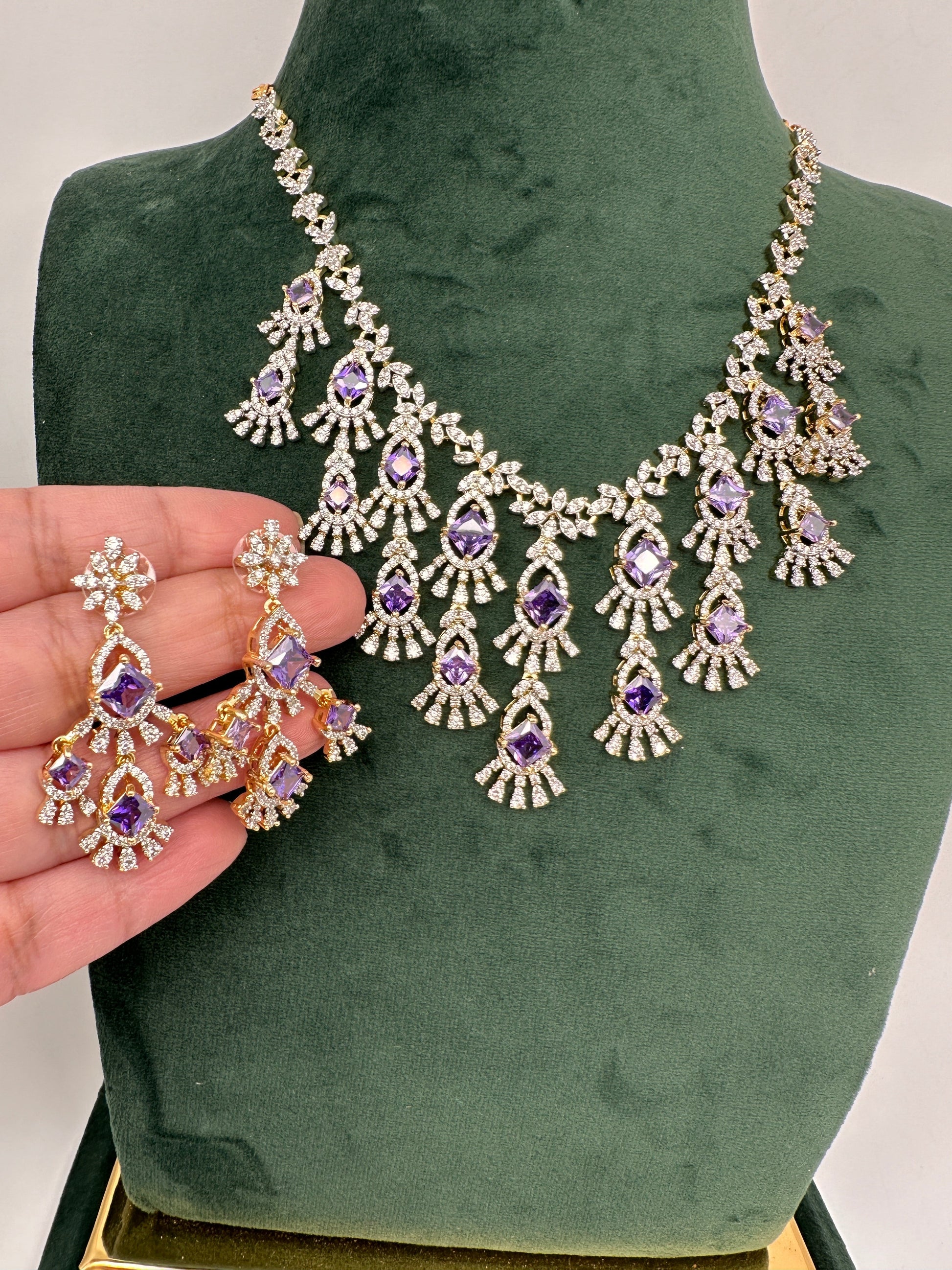 CZ Neckline Color Stone Short Necklace - Purple