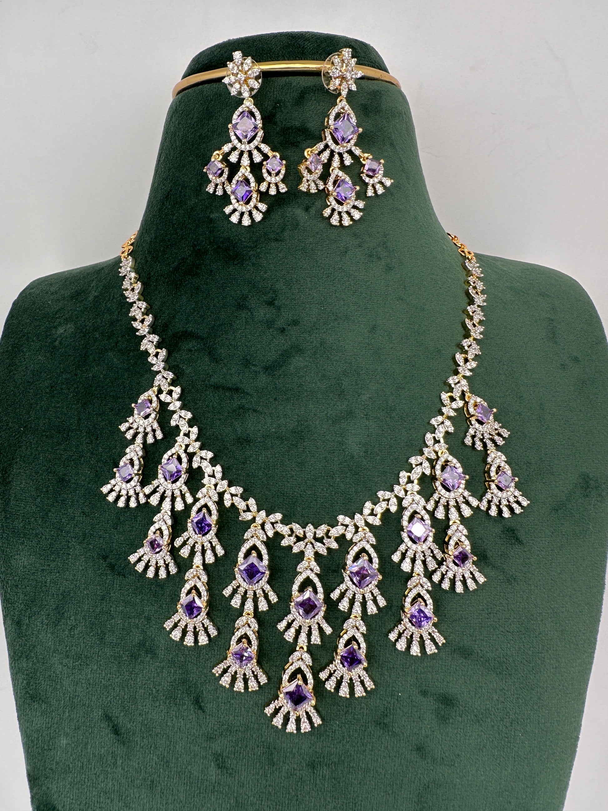CZ Neckline Color Stone Short Necklace - Purple