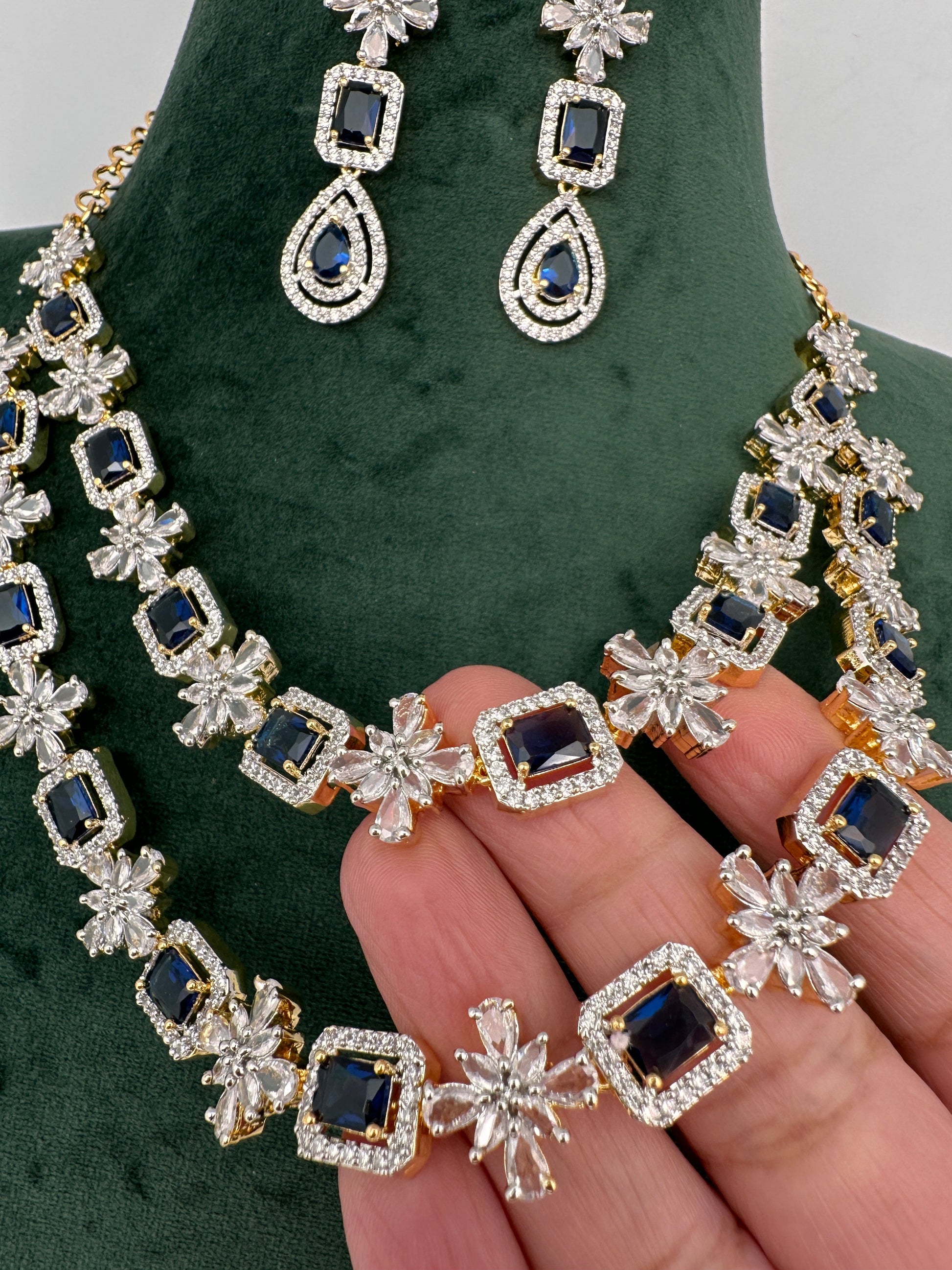 AD Double Layer Color Stone Short Necklace - Blue