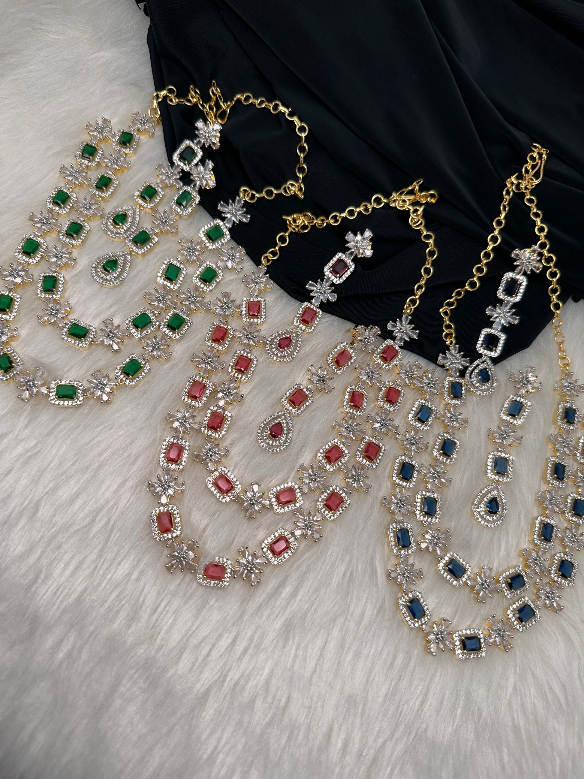 AD Double Layer Color Stone Short Necklace - Green