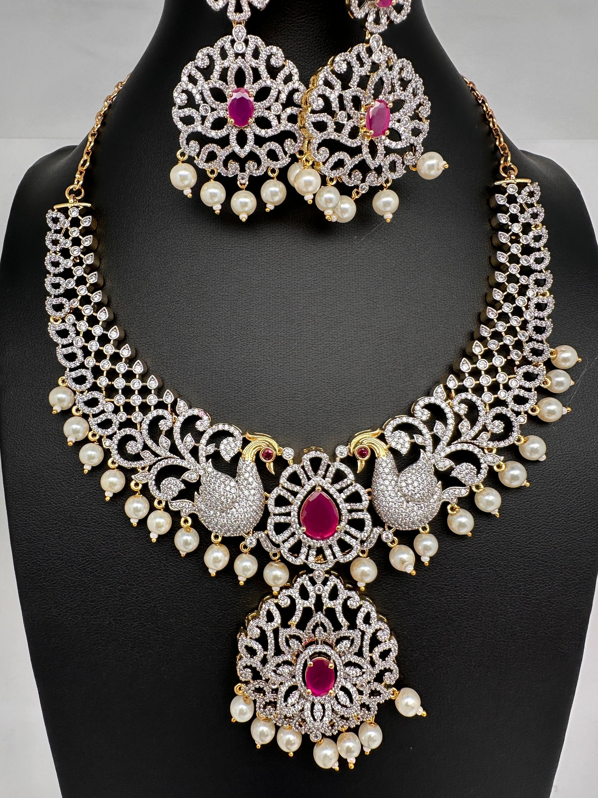 AD Peacock Color Stone Short Necklace - Red