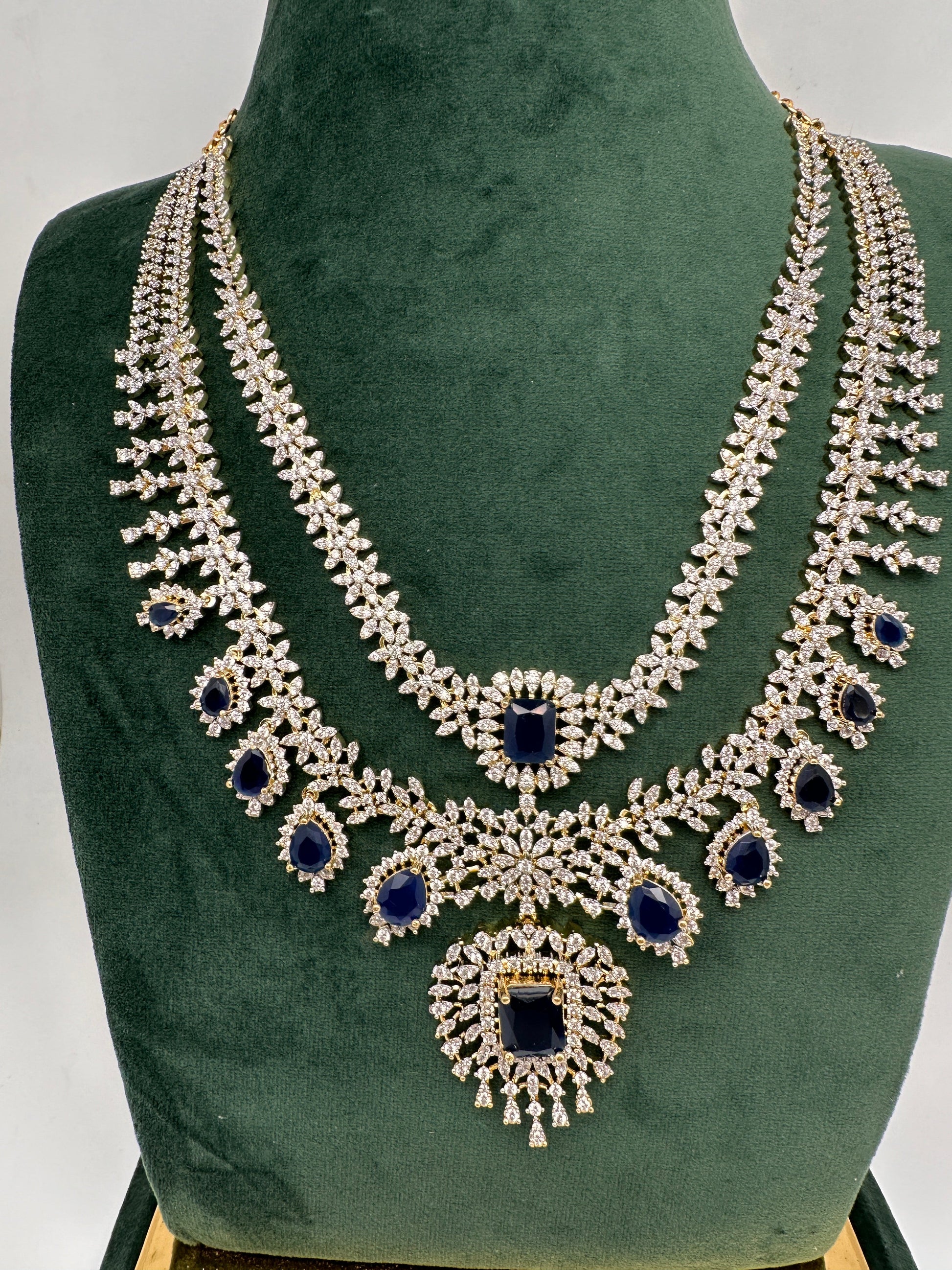 AD Multi Layer Color Stone Short Necklace - Blue