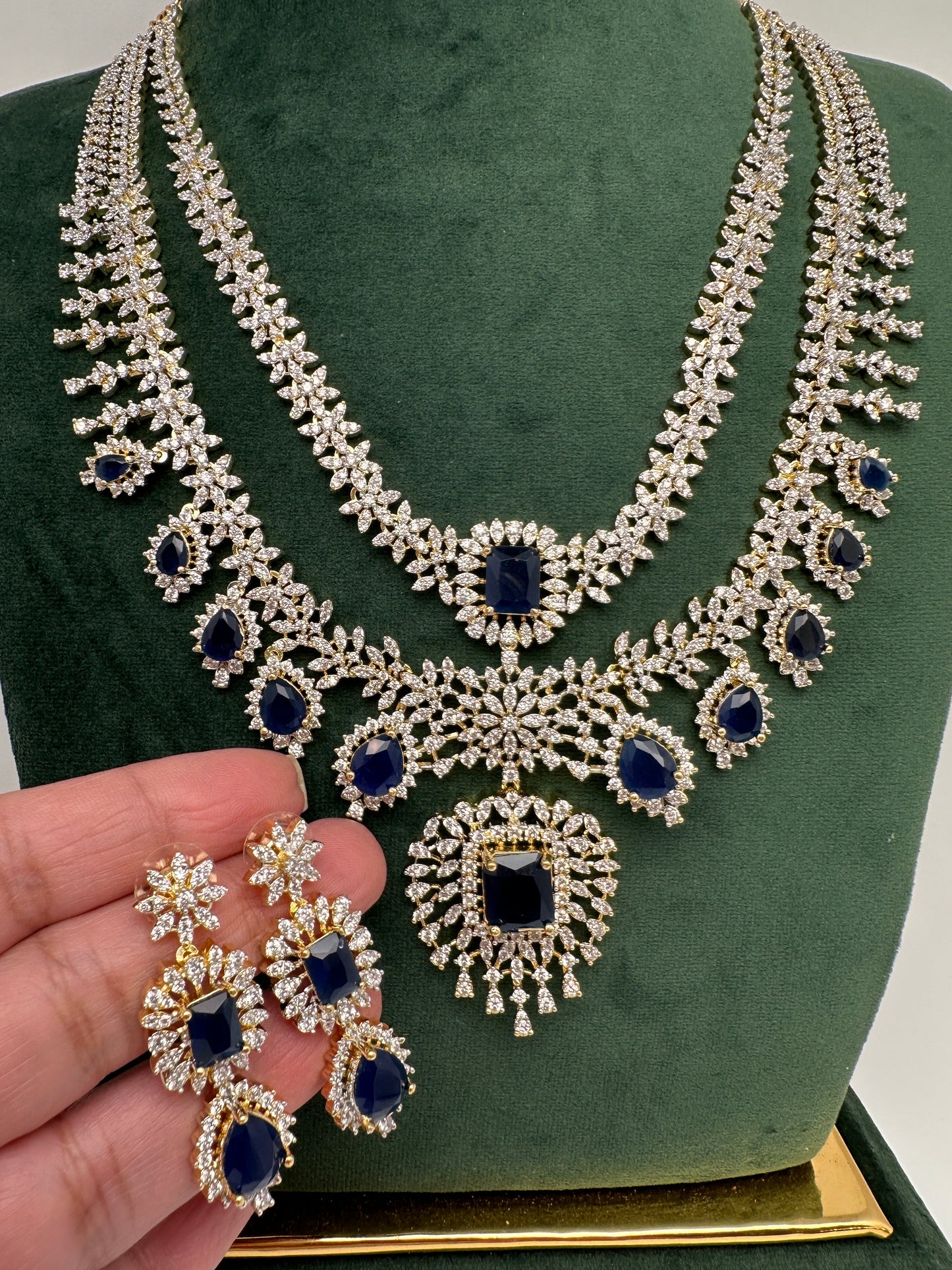 AD Multi Layer Color Stone Short Necklace - Blue