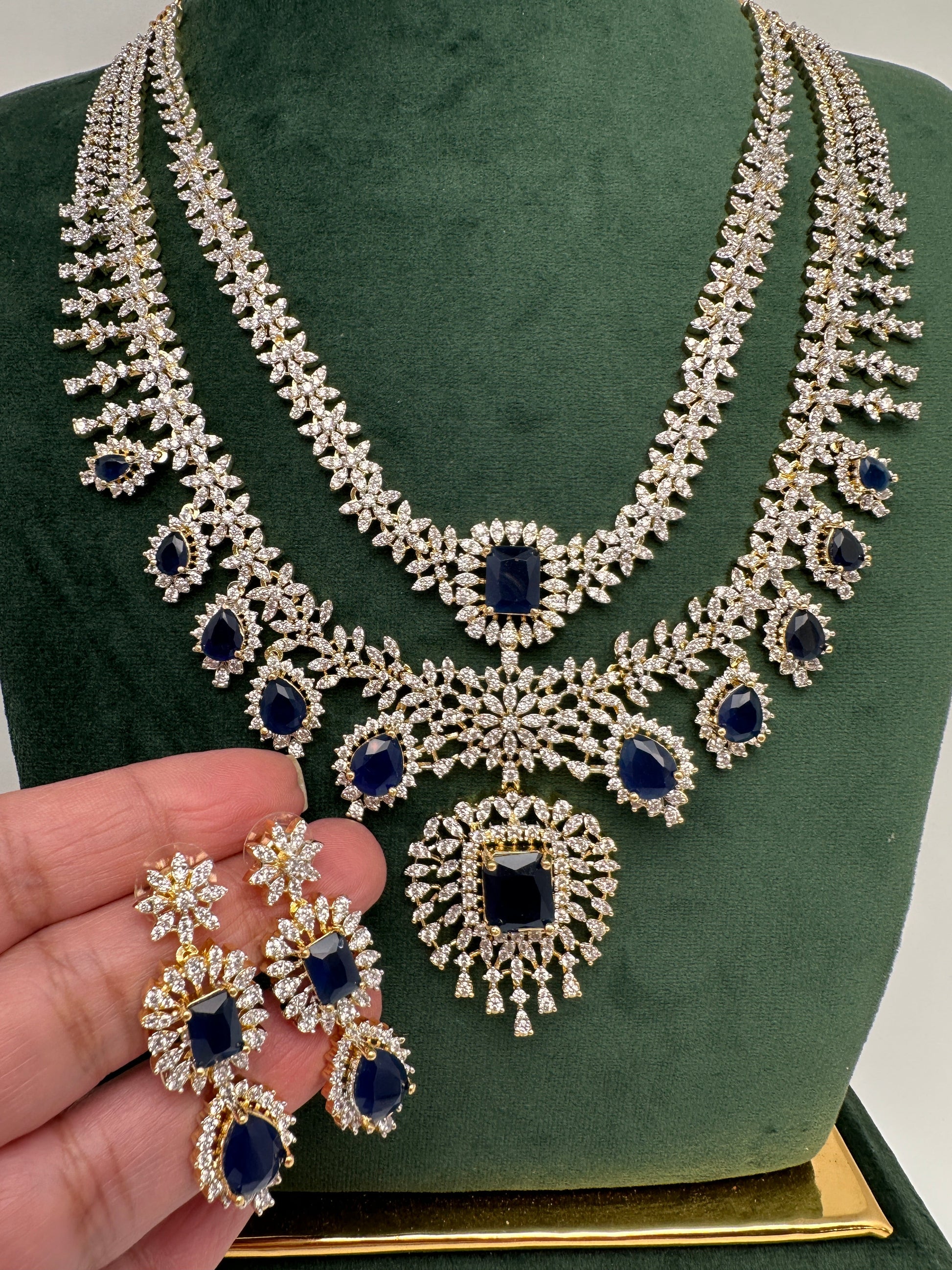 AD Multi Layer Color Stone Short Necklace - Blue