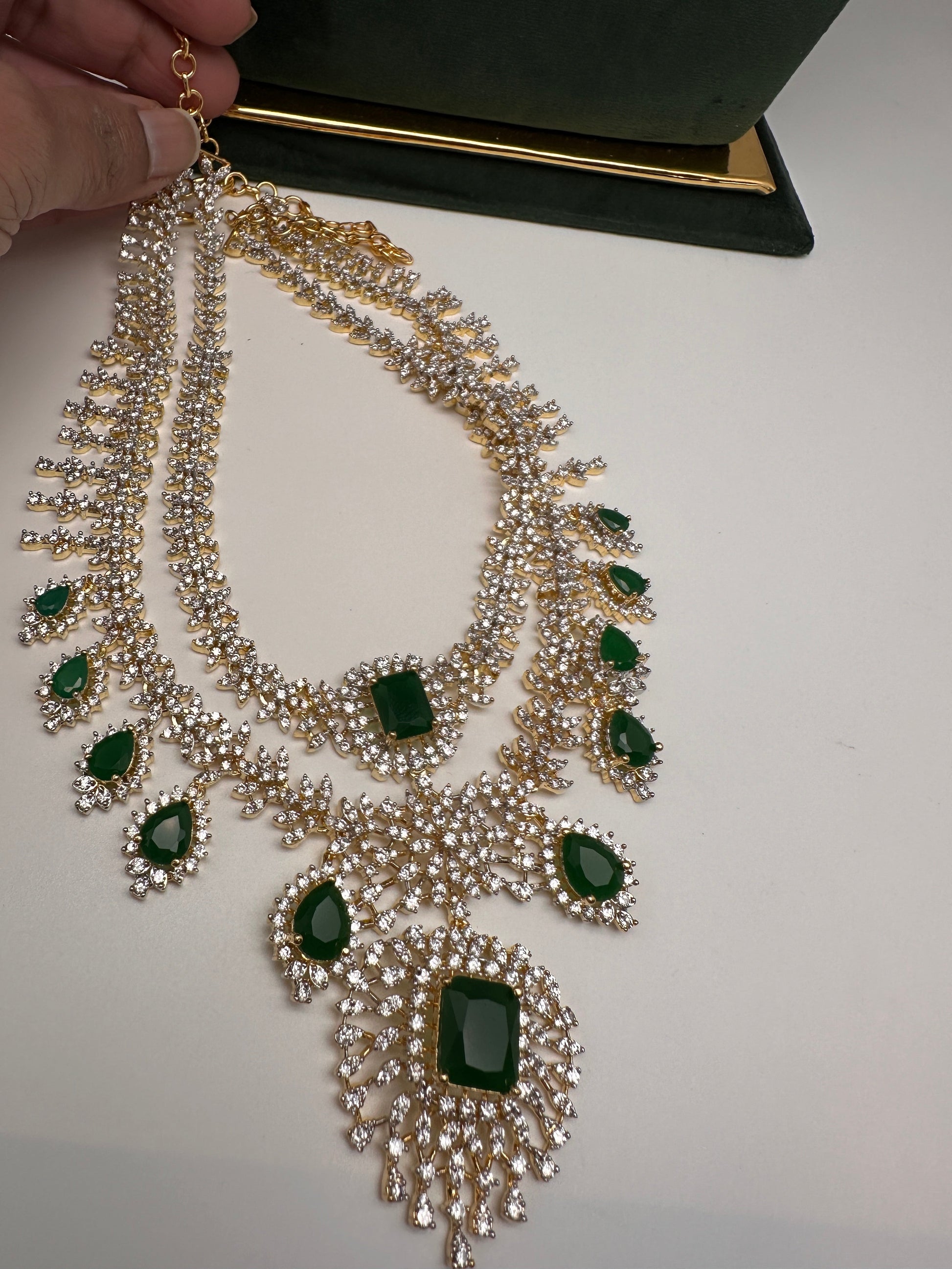 AD Multi Layer Color Stone Short Necklace - Green
