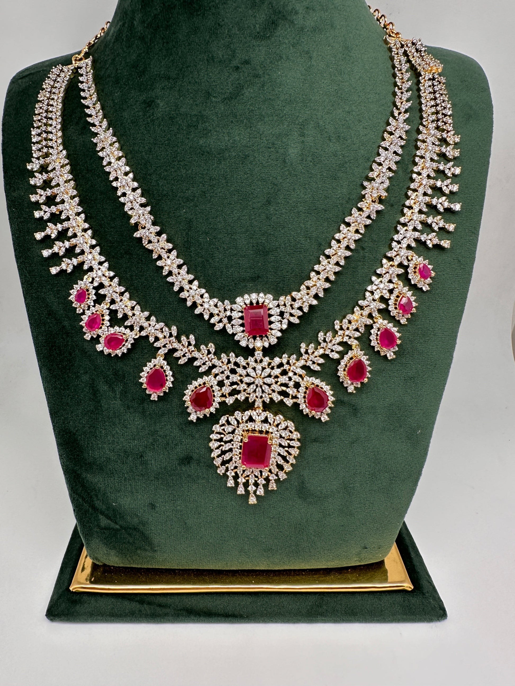 AD Multi Layer Color Stone Short Necklace - Red