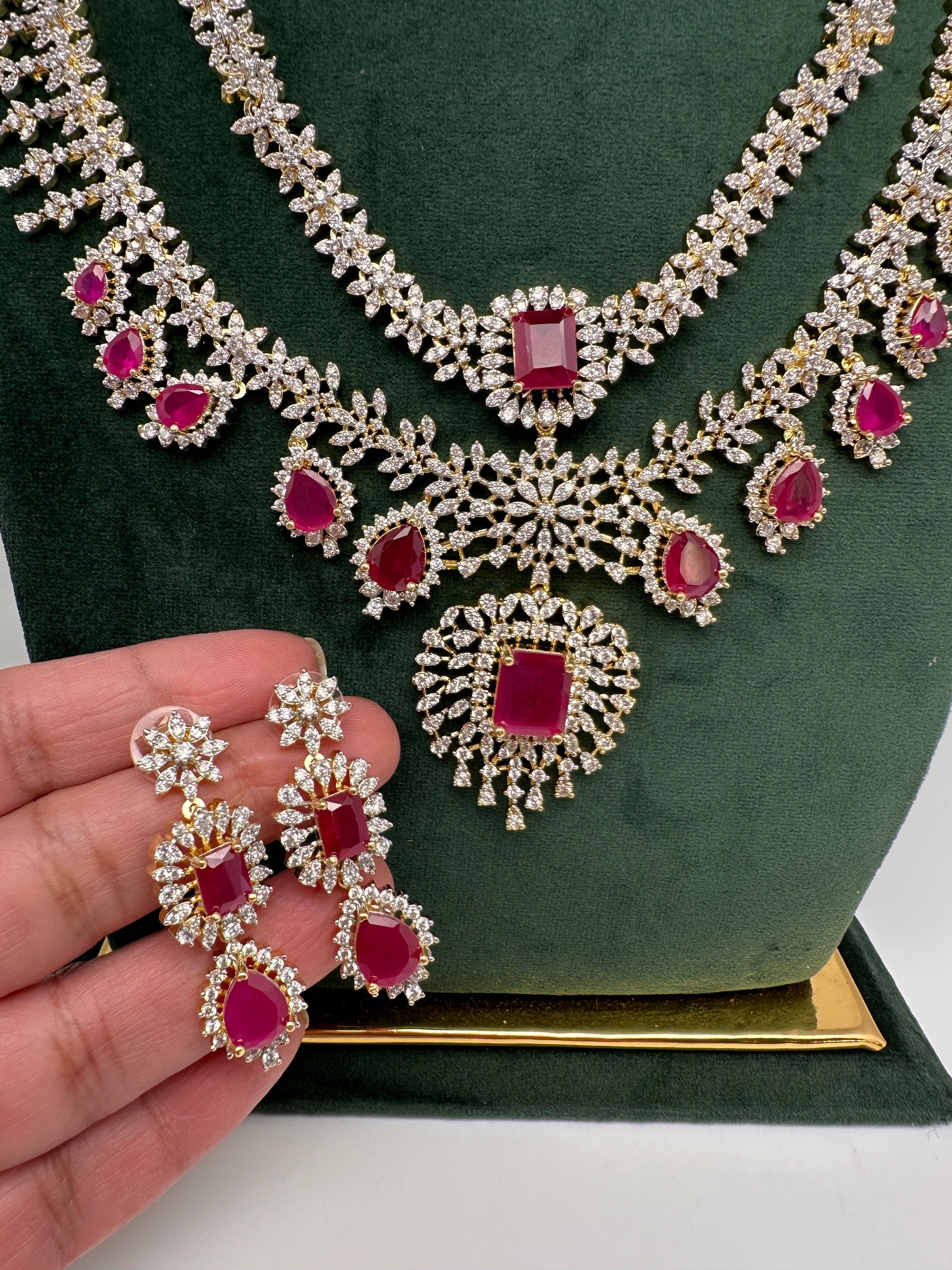 AD Multi Layer Color Stone Short Necklace - Red