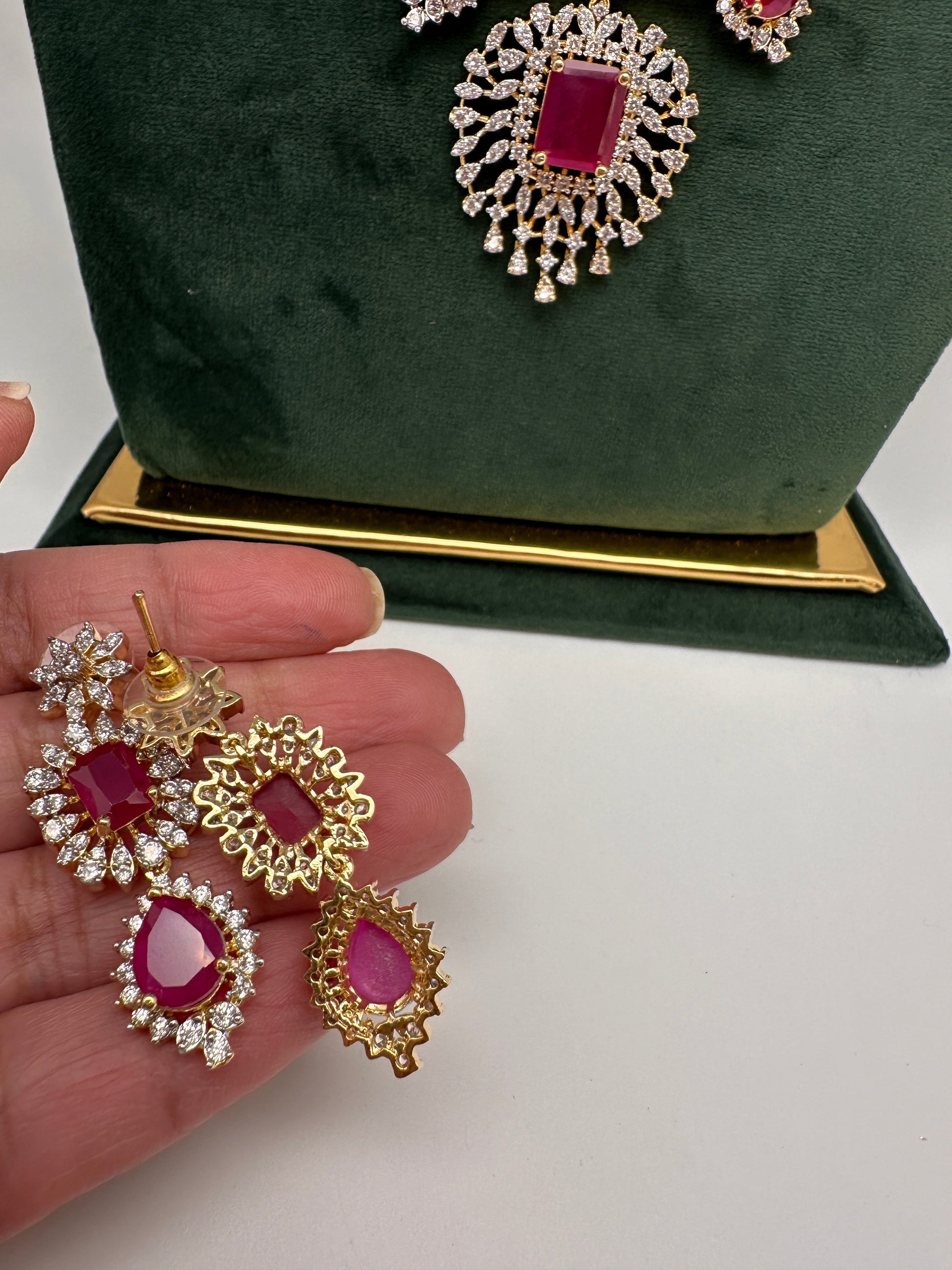 AD Multi Layer Color Stone Short Necklace - Red