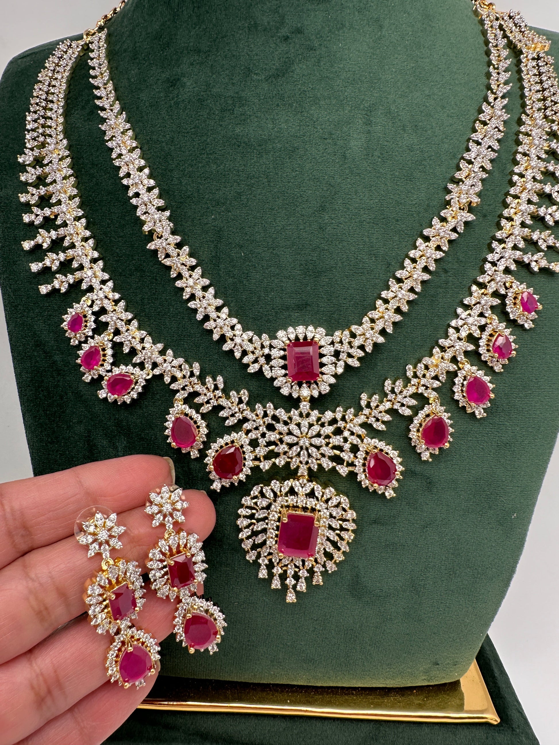 AD Multi Layer Color Stone Short Necklace - Red