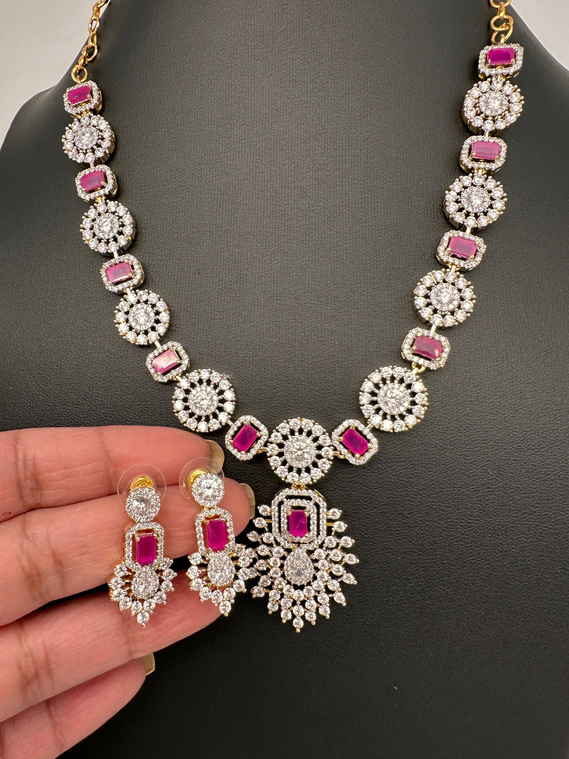 AD Color Stone Dainty Necklace - Red