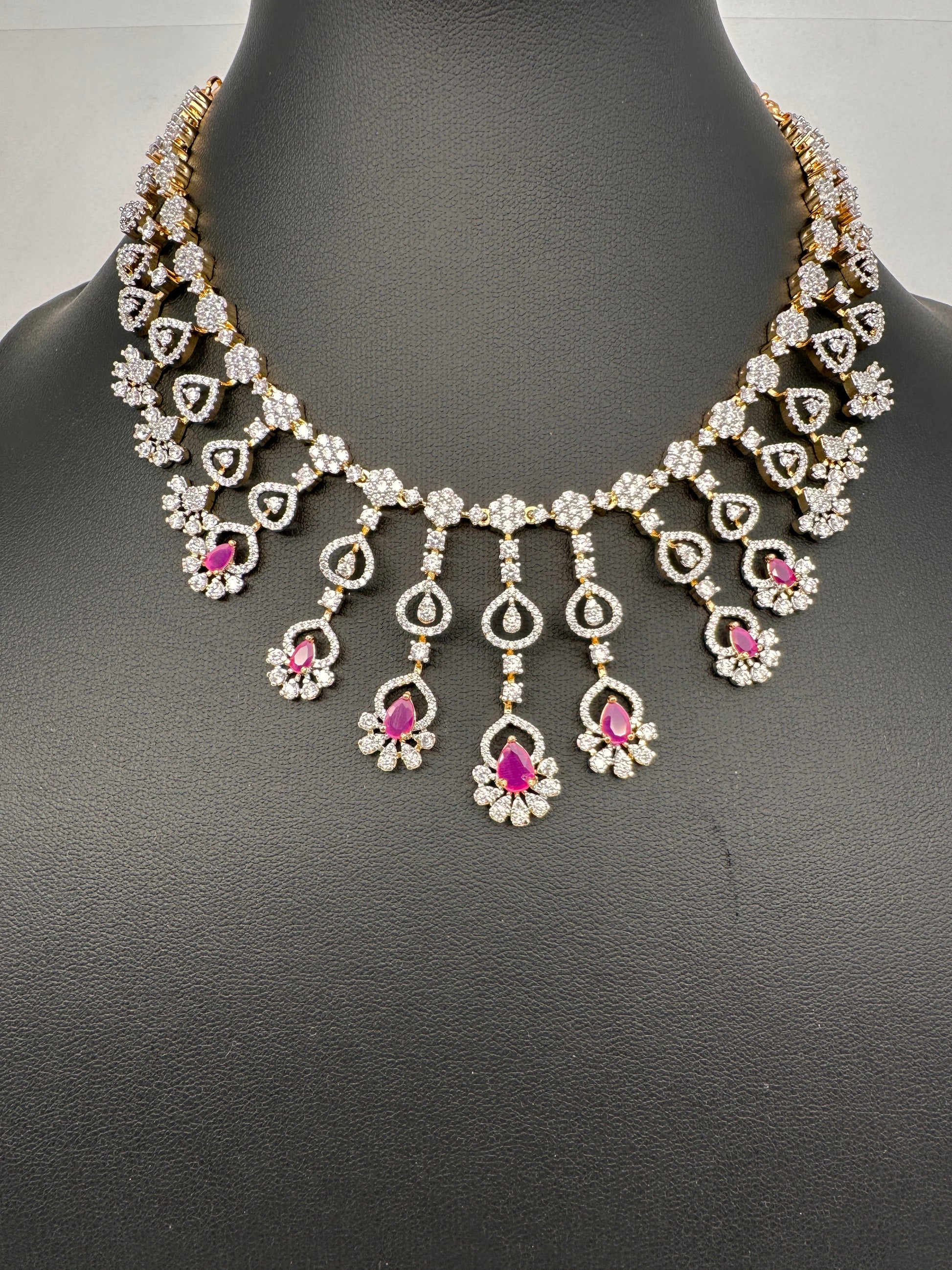 AD Color Stone Neckline Necklace - Red
