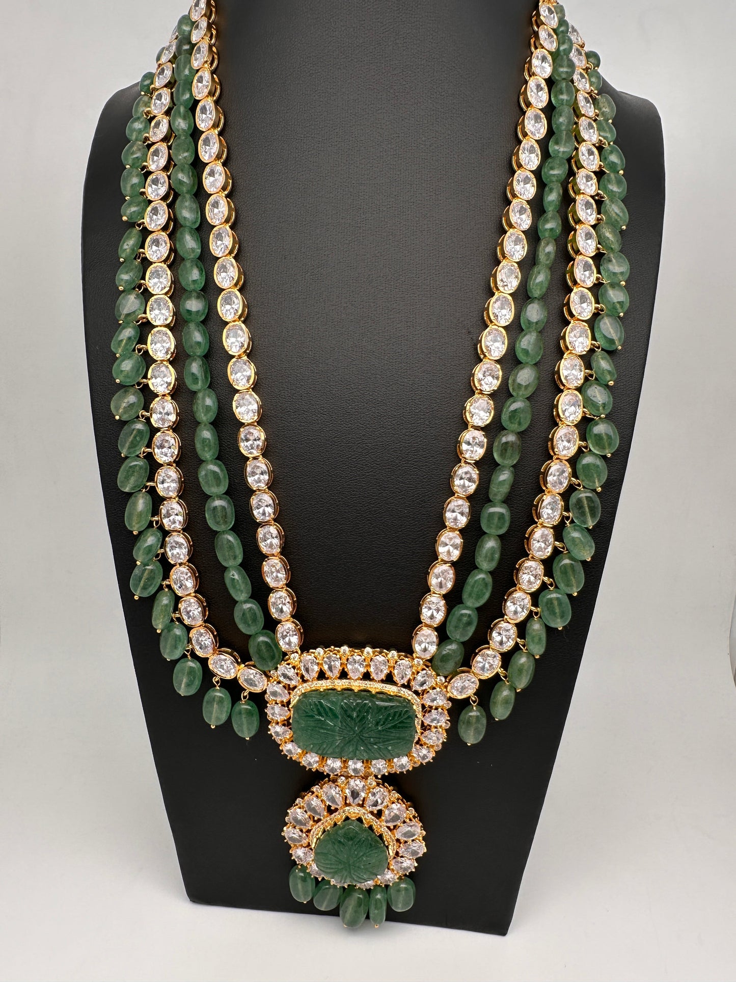 Polki 6 Carat Gold Plated Emerald Multi Layer Teen Lada Necklace