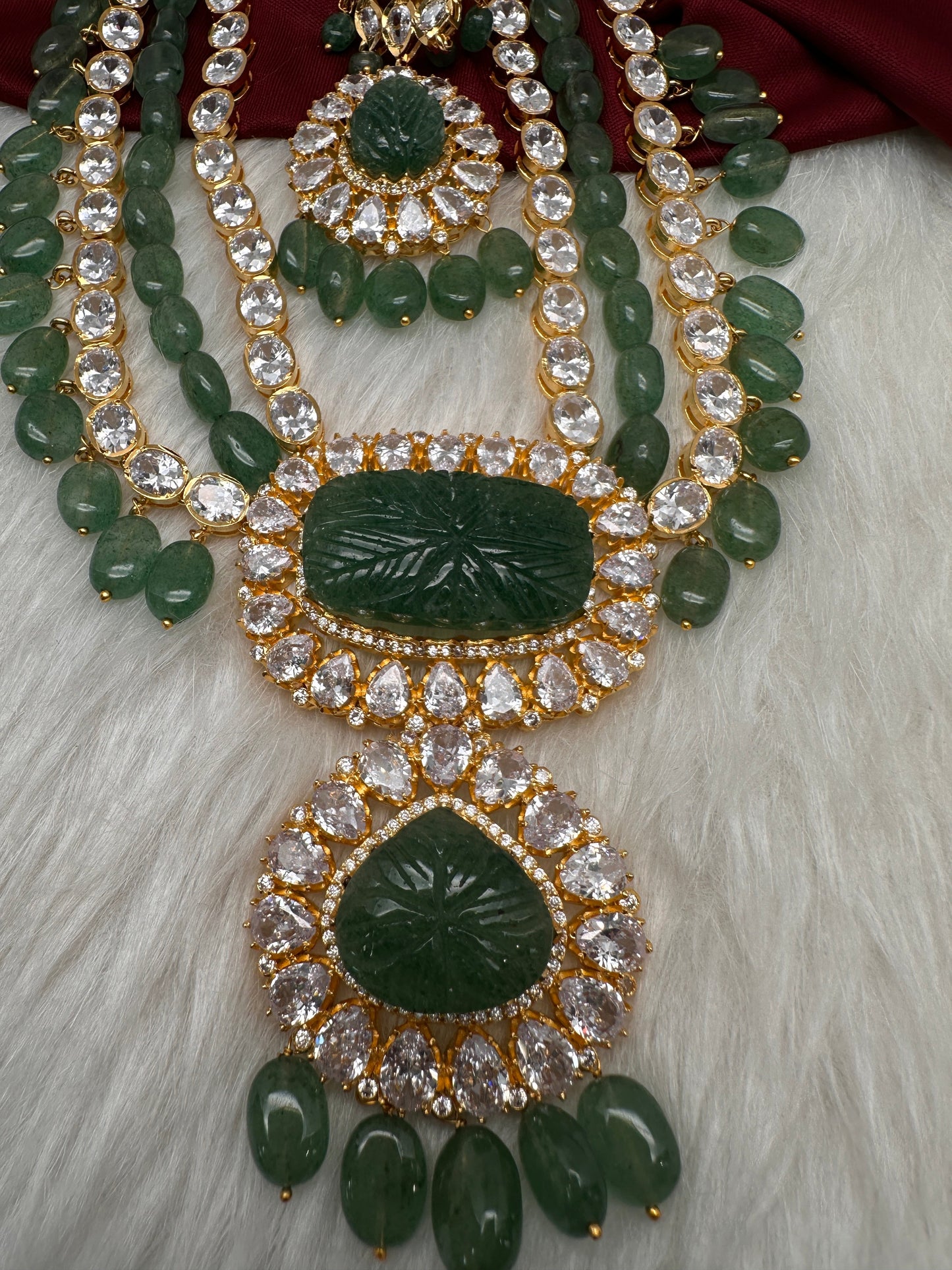 Polki 6 Carat Gold Plated Emerald Multi Layer Teen Lada Necklace