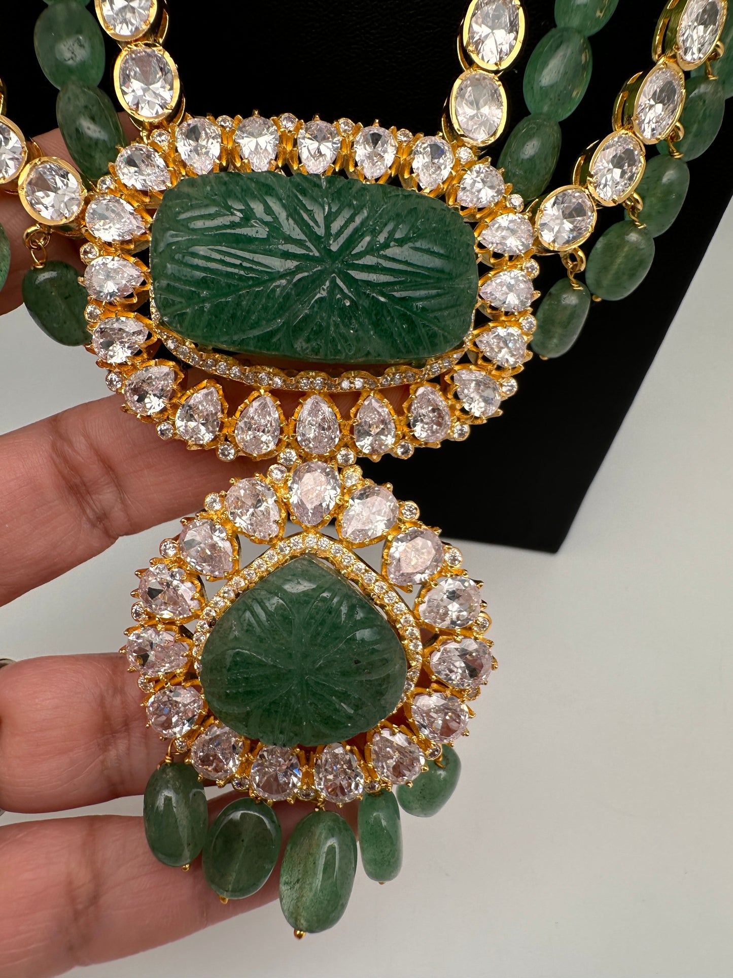 Polki 6 Carat Gold Plated Emerald Multi Layer Teen Lada Necklace