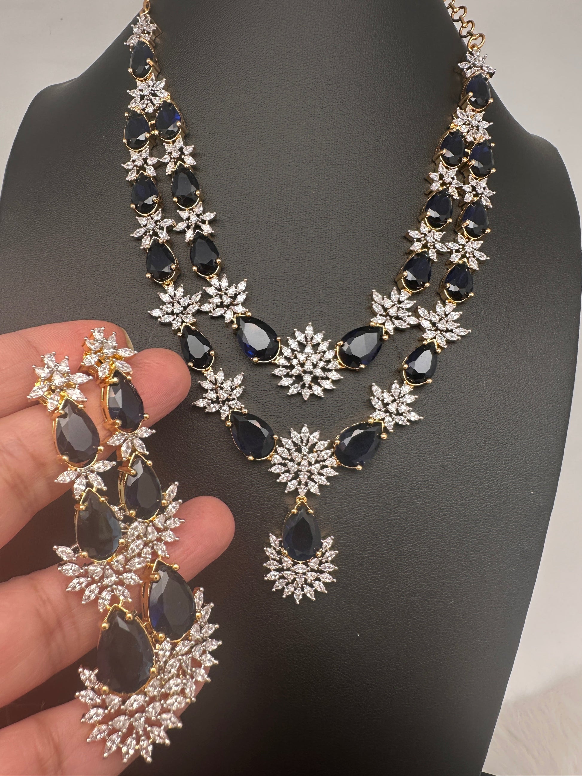 Doublet Double Layer AD Short Color Stone Necklace - Blue