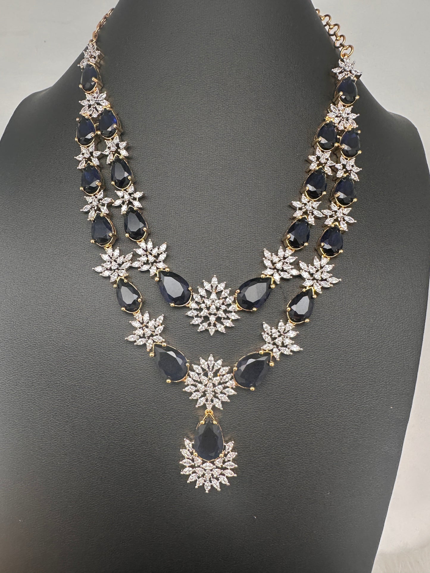 Doublet Double Layer AD Short Color Stone Necklace - Blue