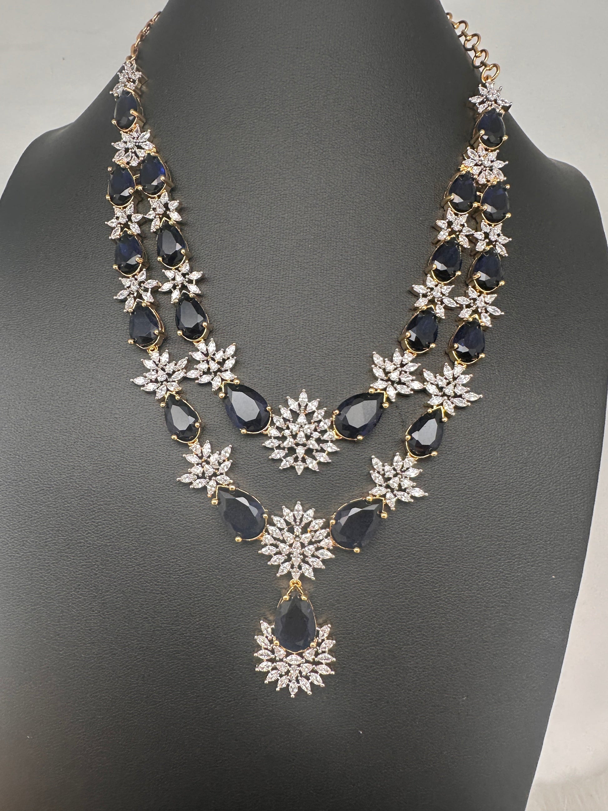 Doublet Double Layer AD Short Color Stone Necklace - Blue