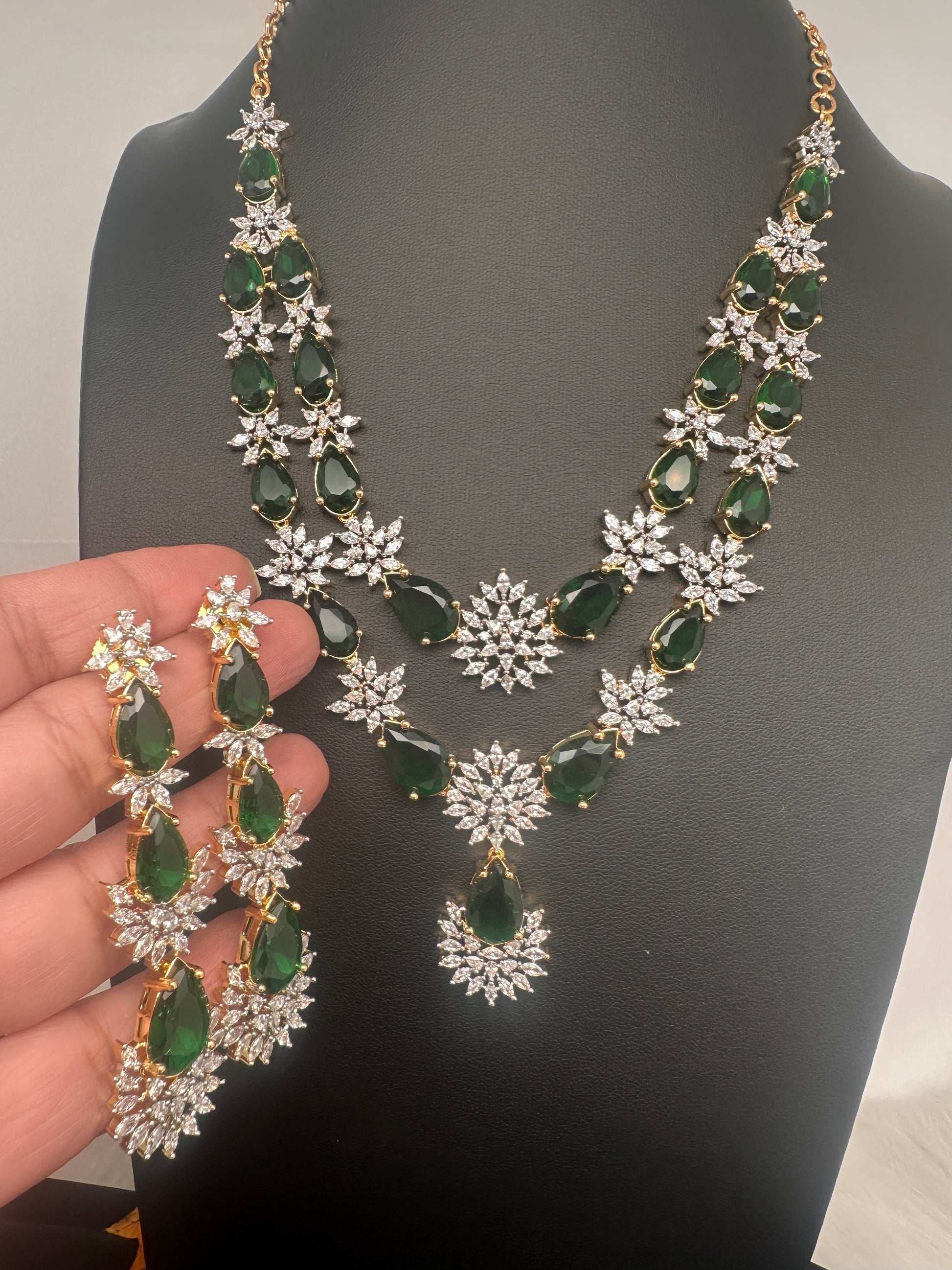 Doublet Double Layer AD Short Color Stone Necklace - Green
