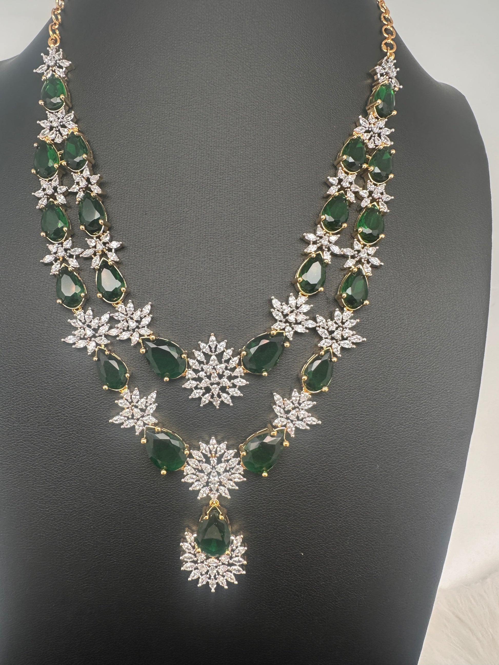 Doublet Double Layer AD Short Color Stone Necklace - Green