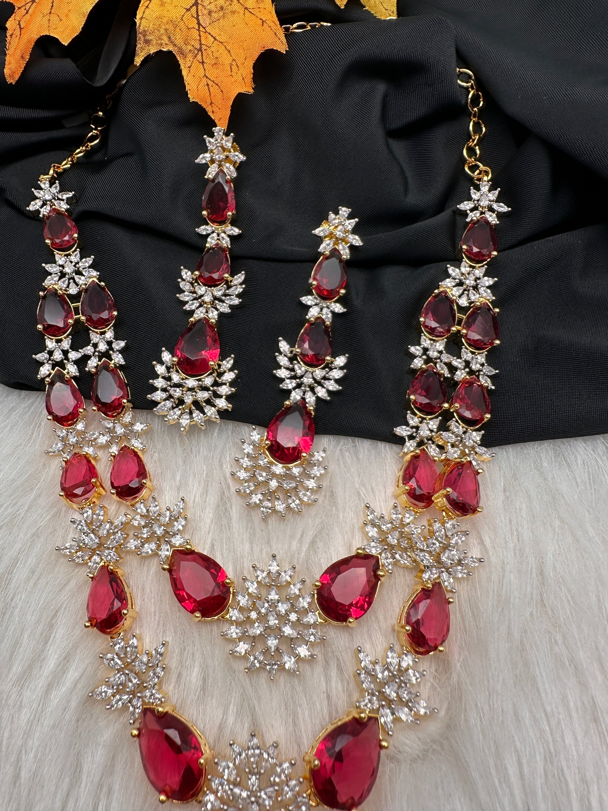 Doublet Double Layer AD Short Color Stone Necklace - Red