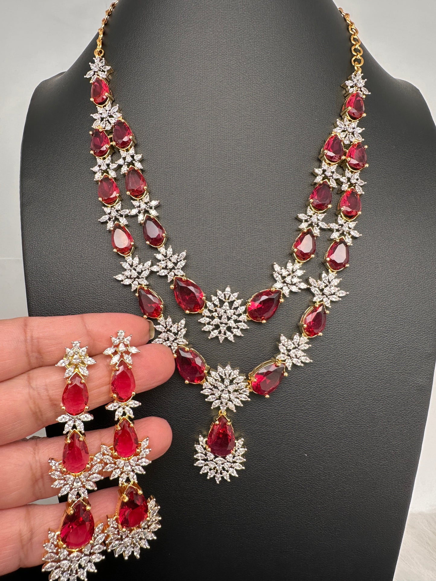 Doublet Double Layer AD Short Color Stone Necklace - Red