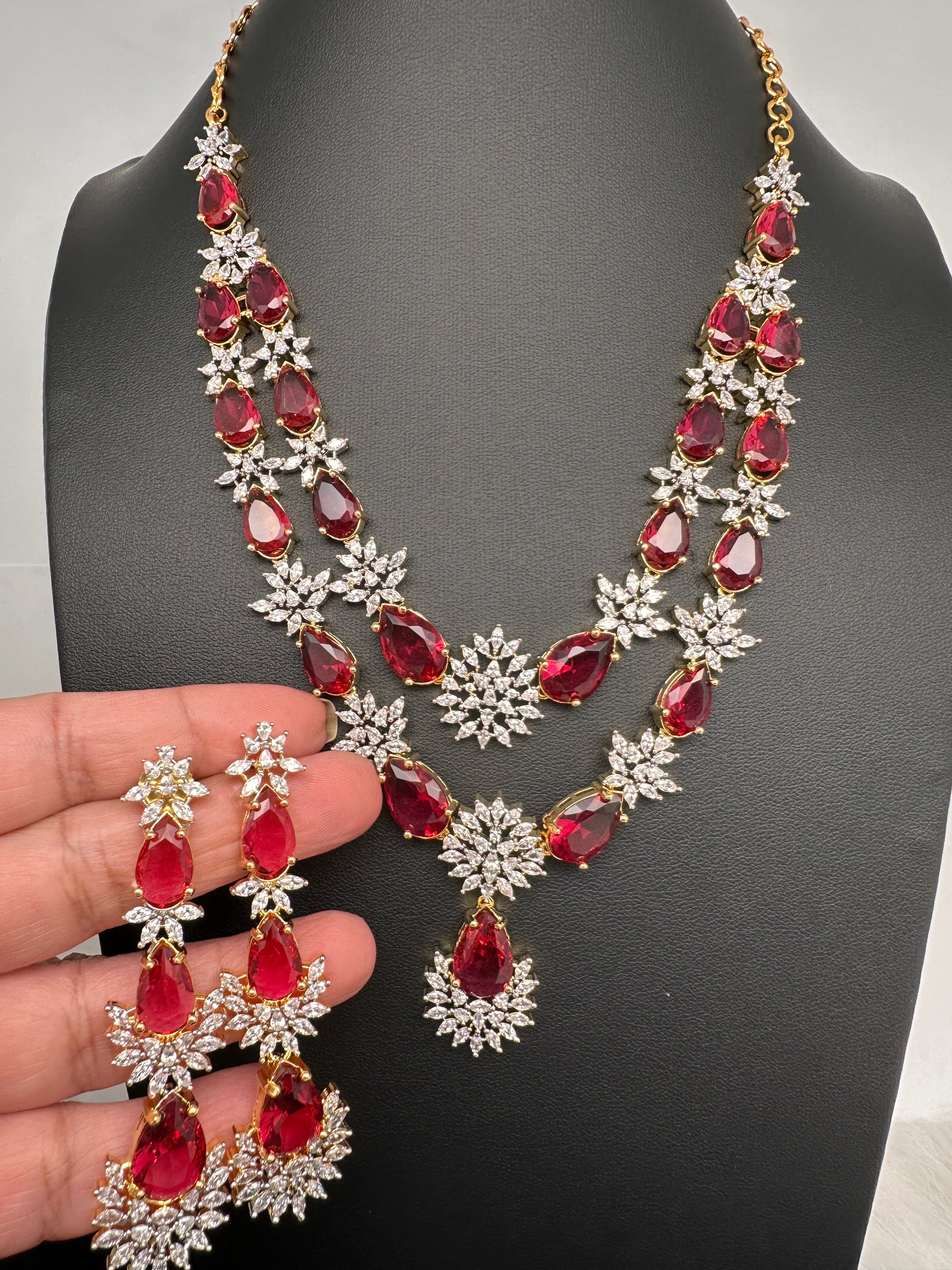 Doublet Double Layer AD Short Color Stone Necklace - Red