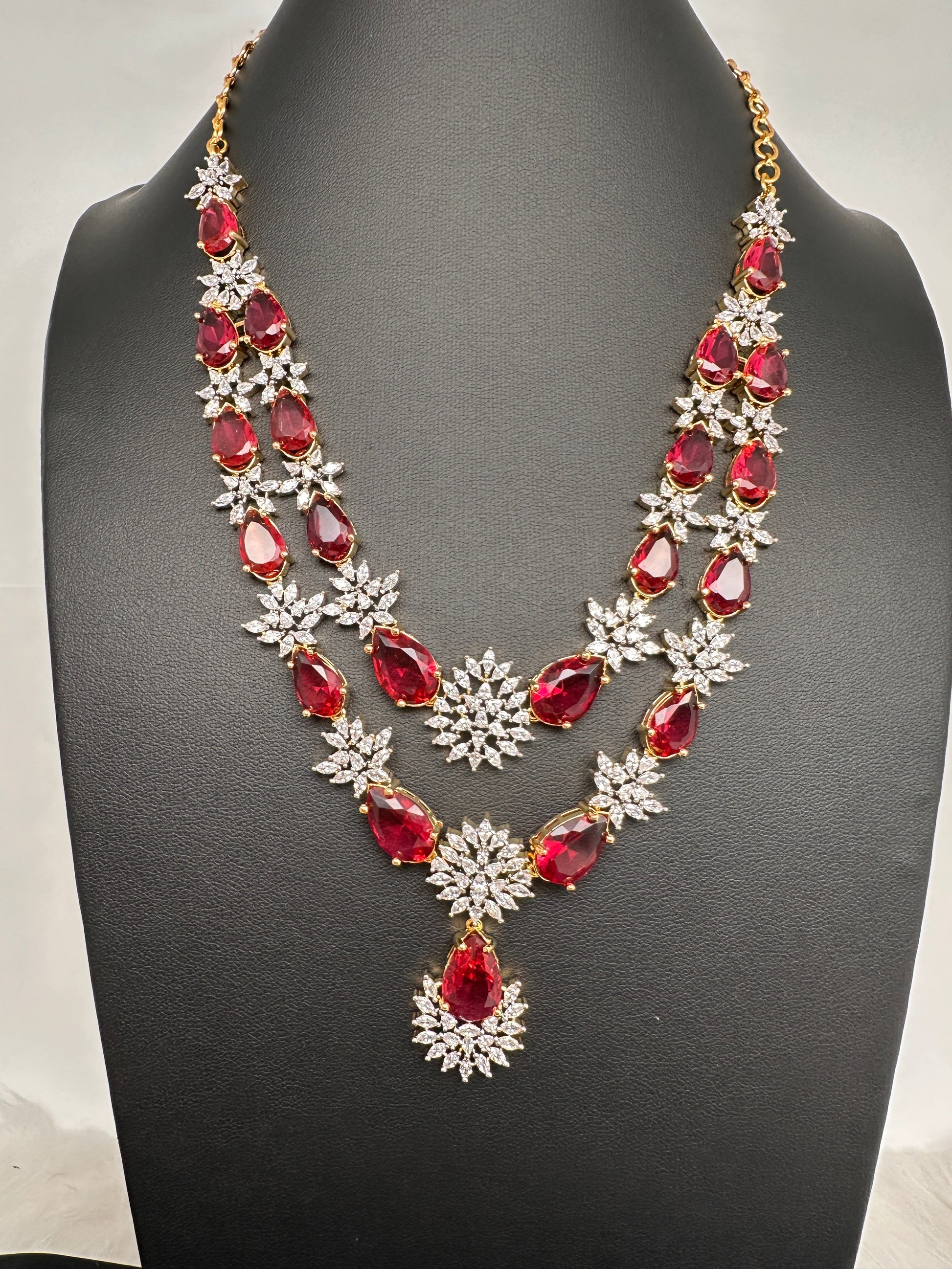Doublet Double Layer AD Short Color Stone Necklace - Red