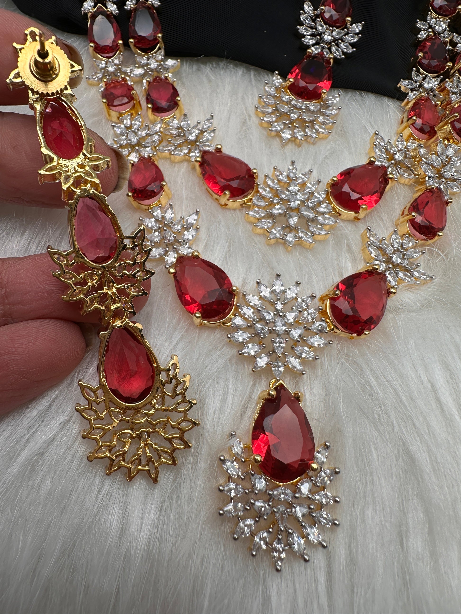Doublet Double Layer AD Short Color Stone Necklace - Red