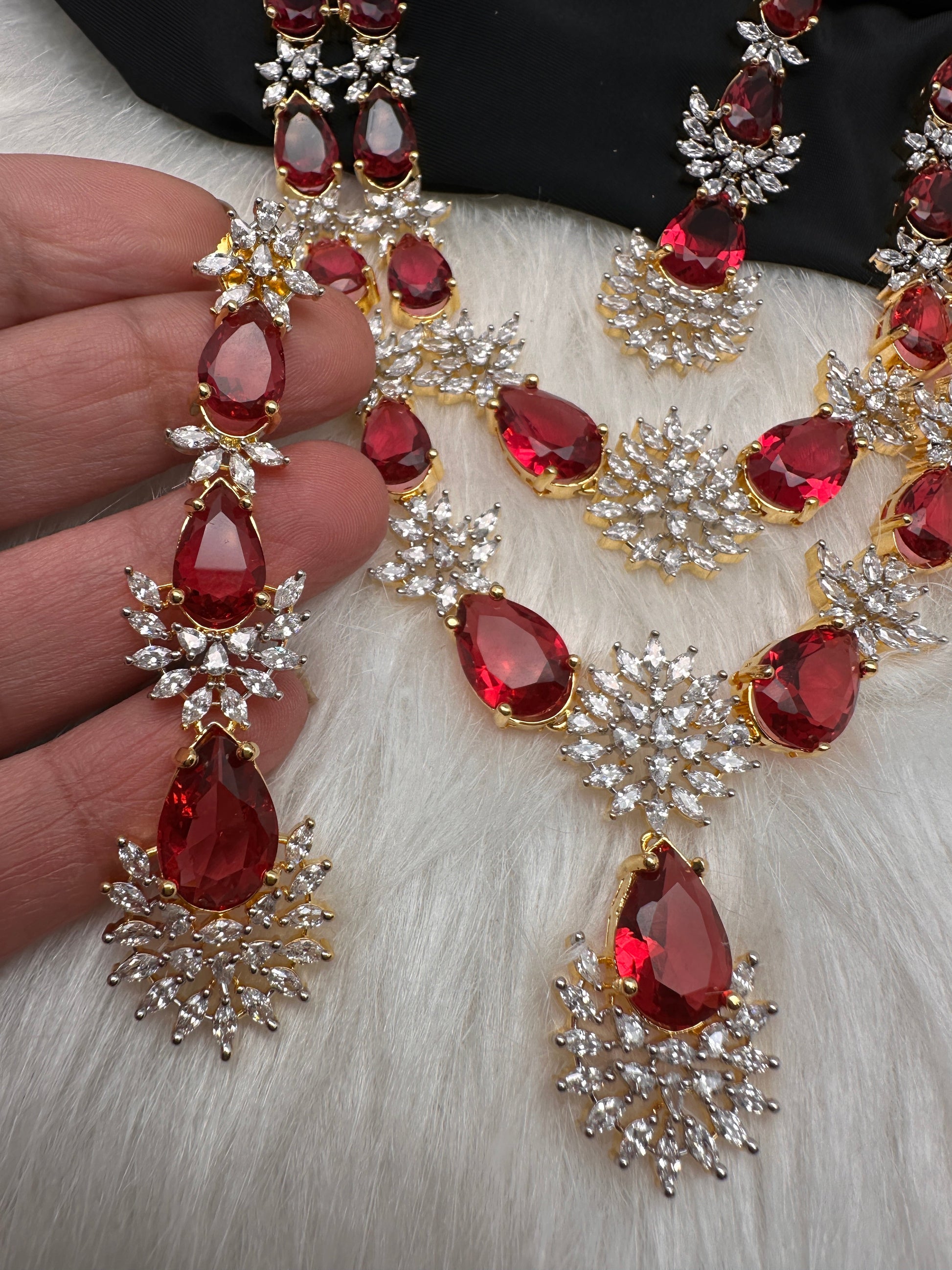 Doublet Double Layer AD Short Color Stone Necklace - Red