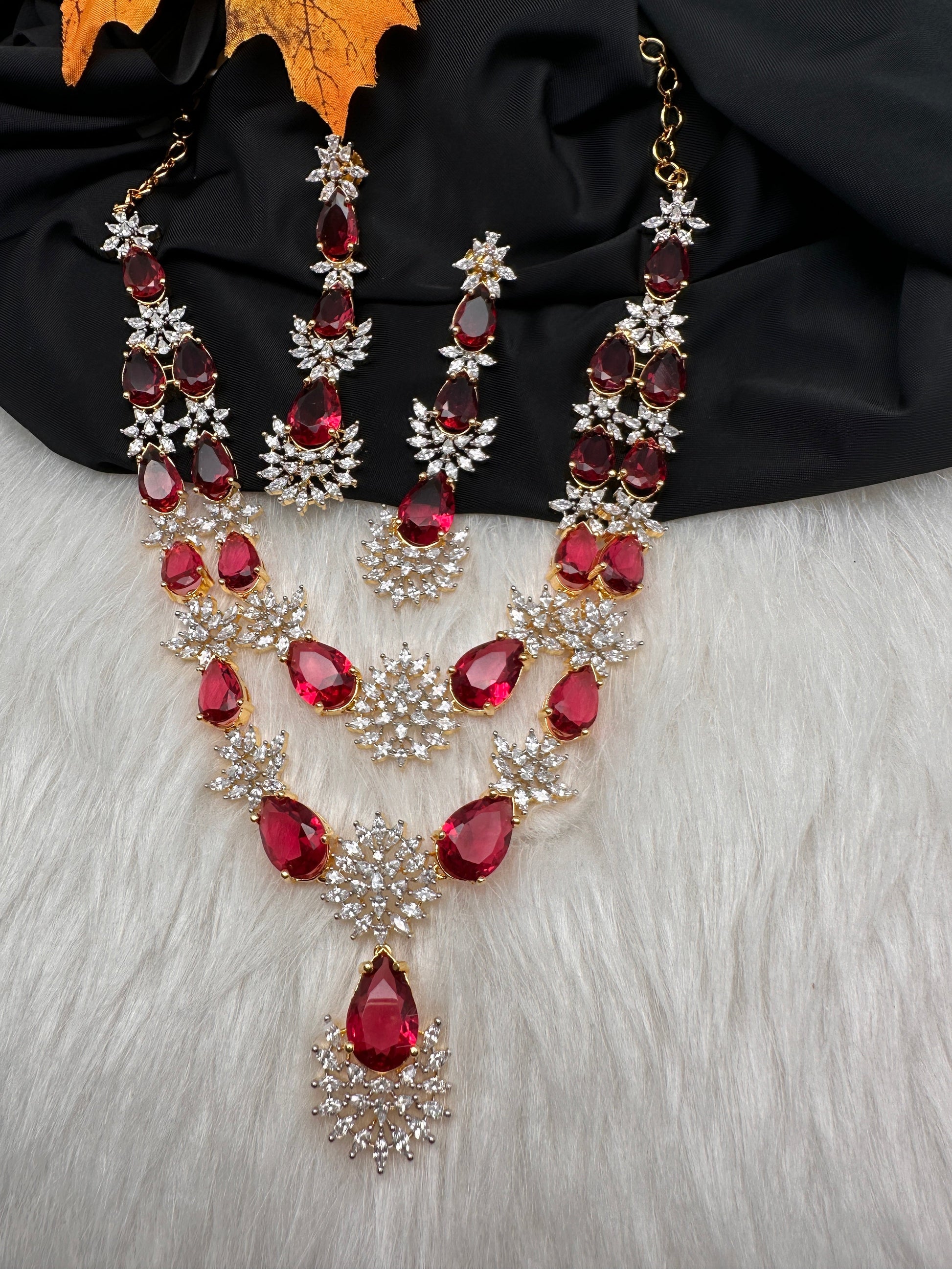 Doublet Double Layer AD Short Color Stone Necklace - Red
