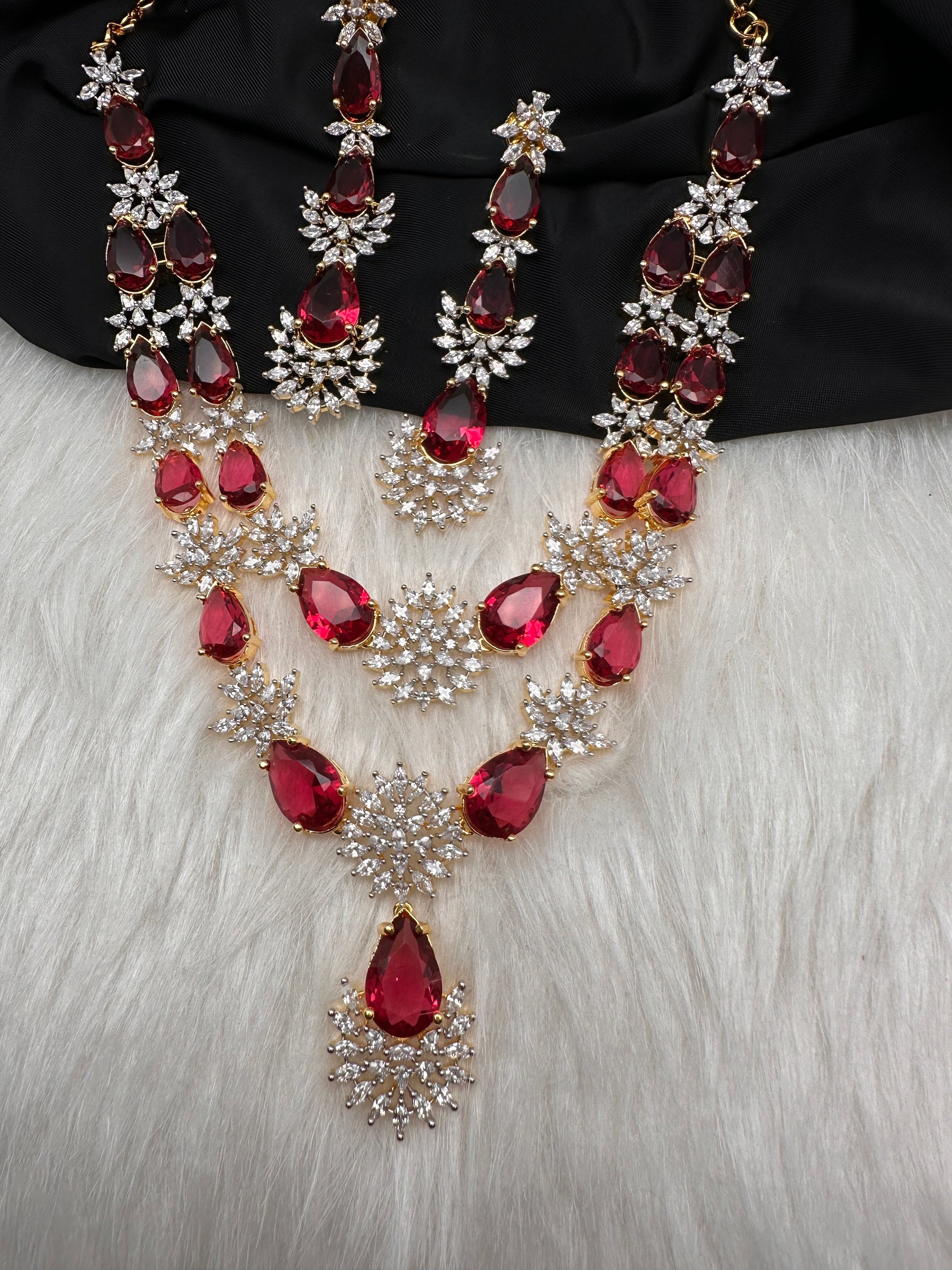 Doublet Double Layer AD Short Color Stone Necklace - Red