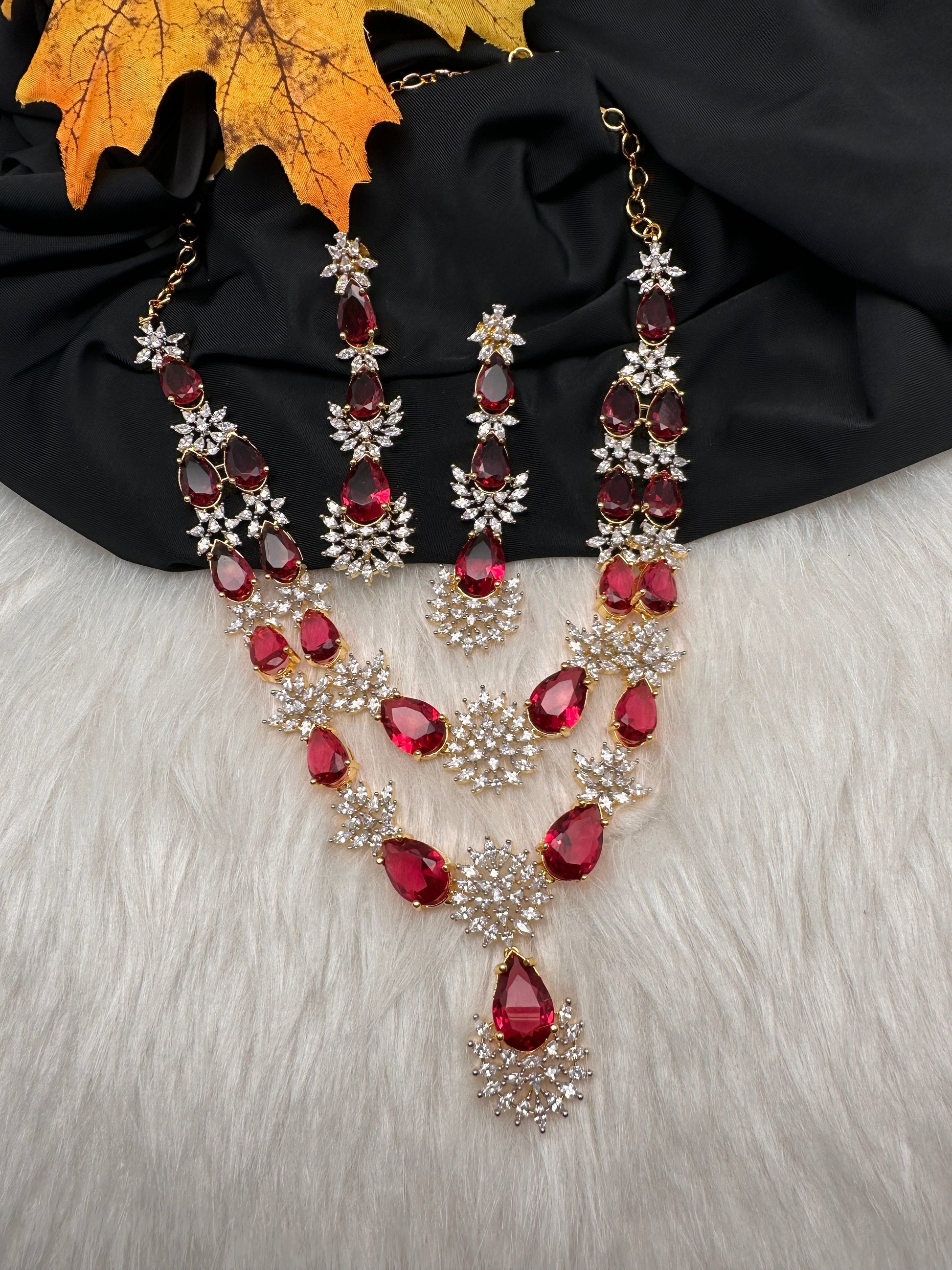 Doublet Double Layer AD Short Color Stone Necklace - Red