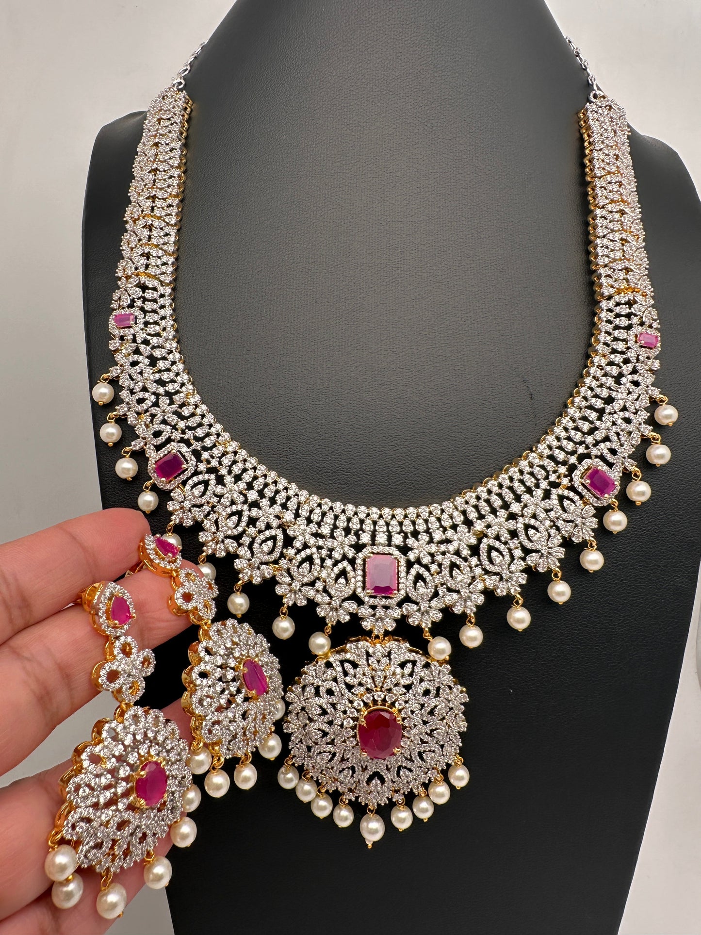 AD Ruby Pink Stone Short Necklace