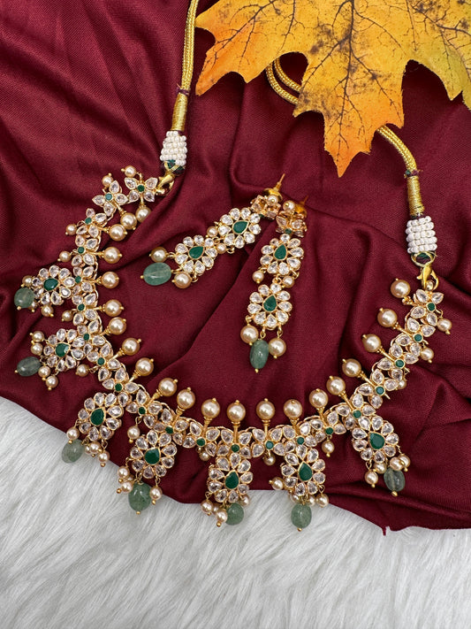 Polki 6 Carat Gold Plated Emerald Neckline Hyderabadi Nawabi Necklace